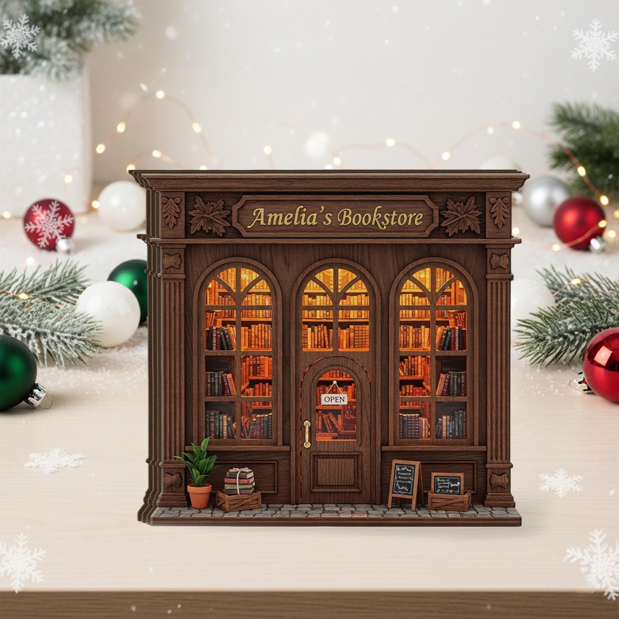 Miniature Bookstore Wooden Block: Wooden Bookshop Model, Rustic Book Nook Gift
