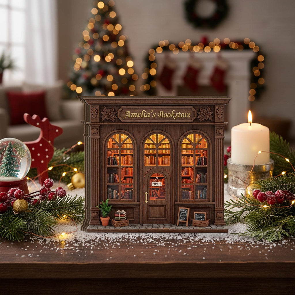 Miniature Bookstore Wooden Block: Wooden Bookshop Model, Rustic Book Nook Gift