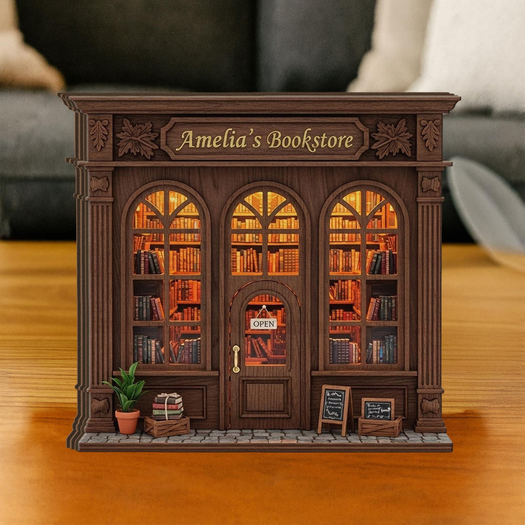Miniature Bookstore Wooden Block: Wooden Bookshop Model, Rustic Book Nook Gift