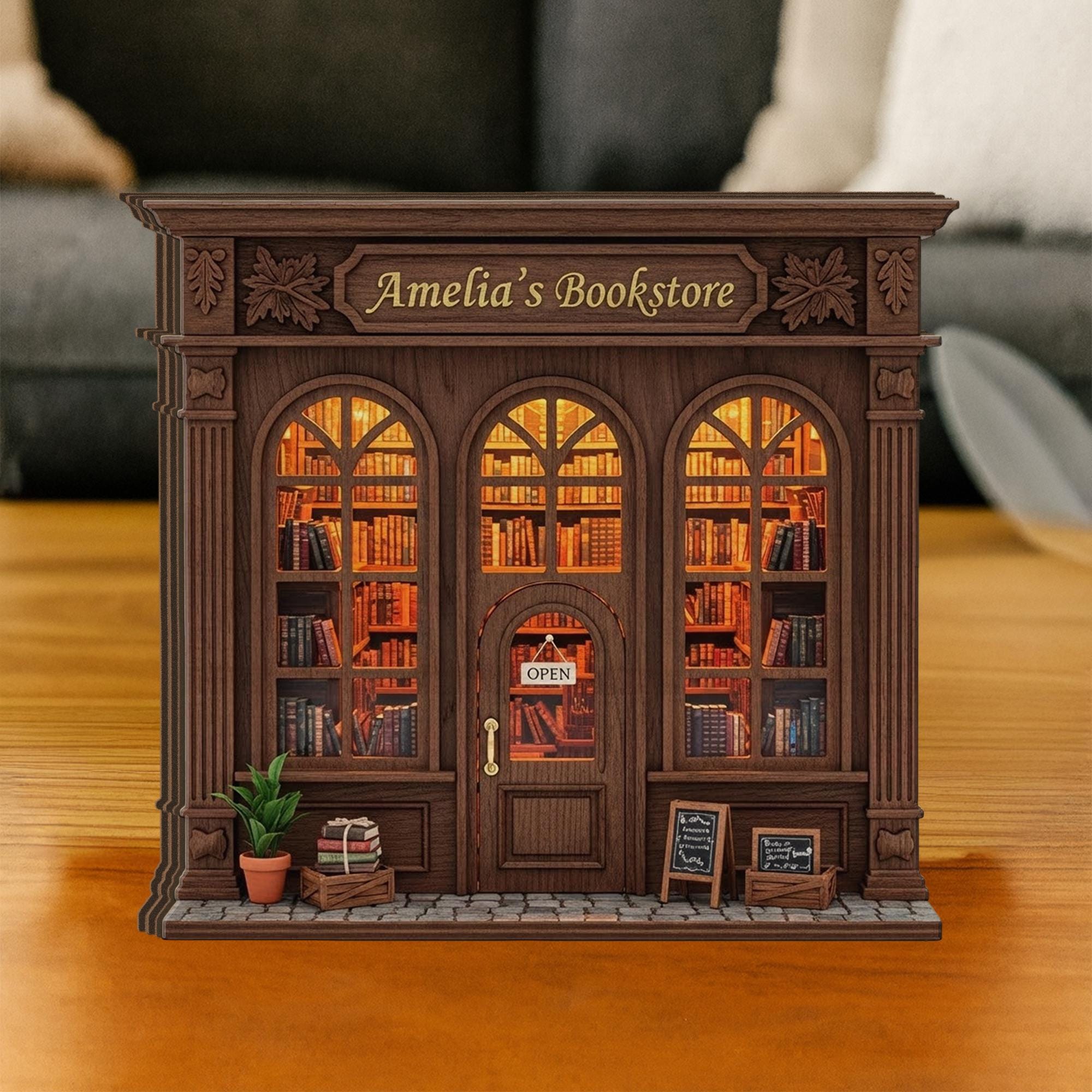 Miniature Bookstore Wooden Block: Wooden Bookshop Model, Rustic Book Nook Gift
