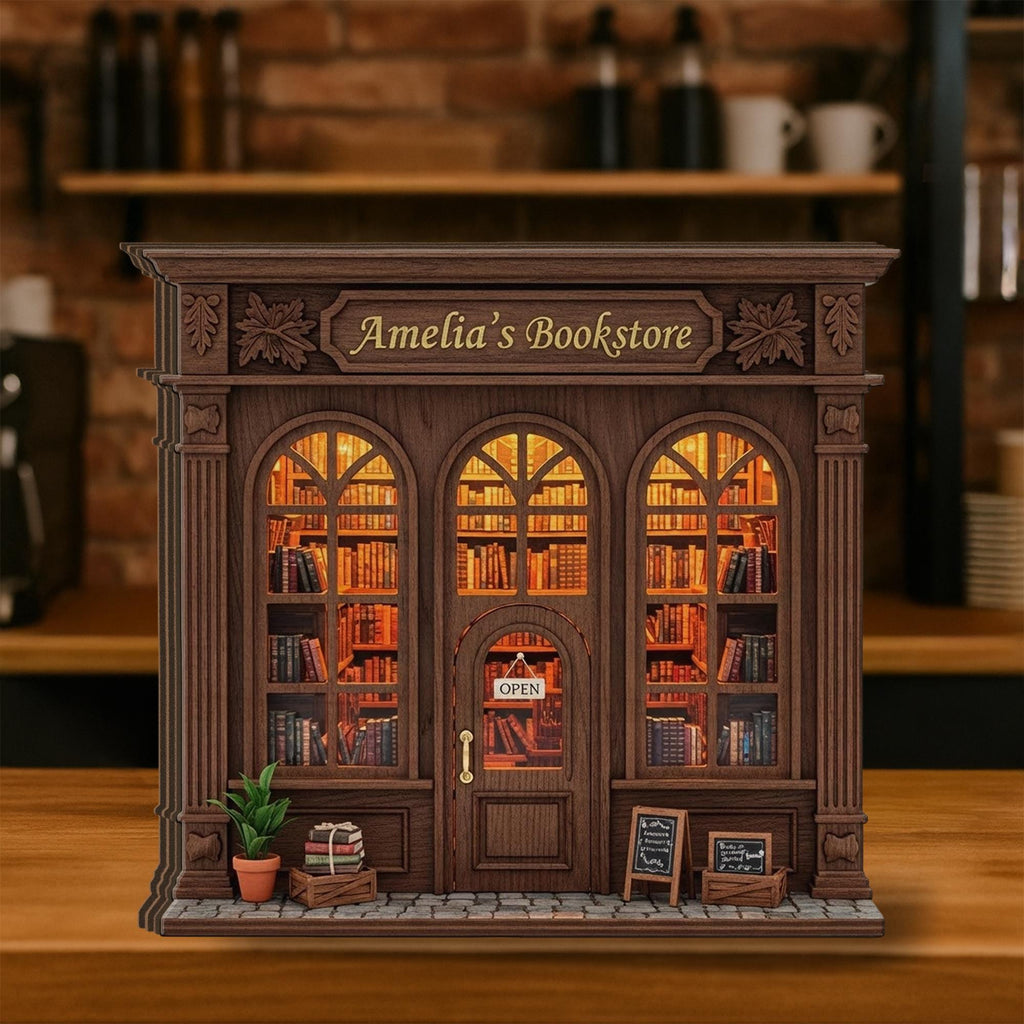 Miniature Bookstore Wooden Block: Wooden Bookshop Model, Rustic Book Nook Gift