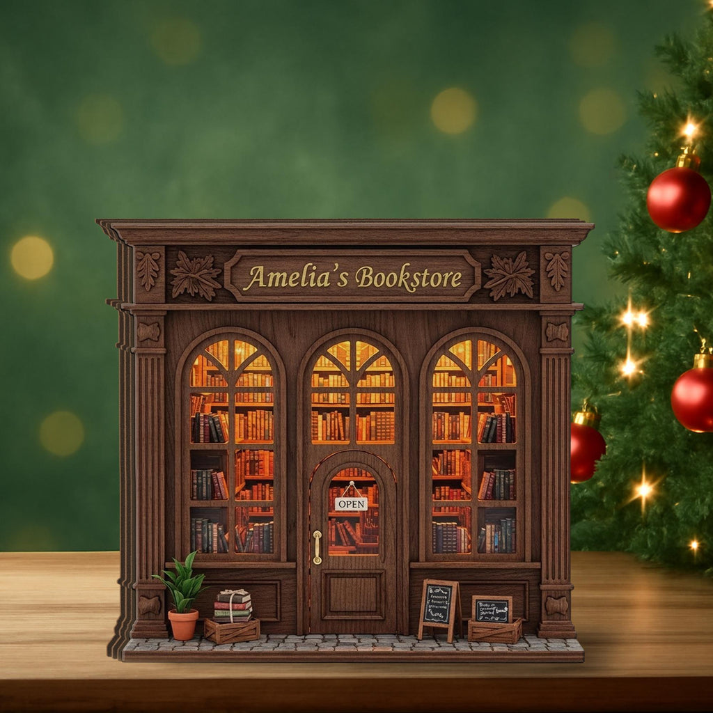 Miniature Bookstore Wooden Block: Wooden Bookshop Model, Rustic Book Nook Gift