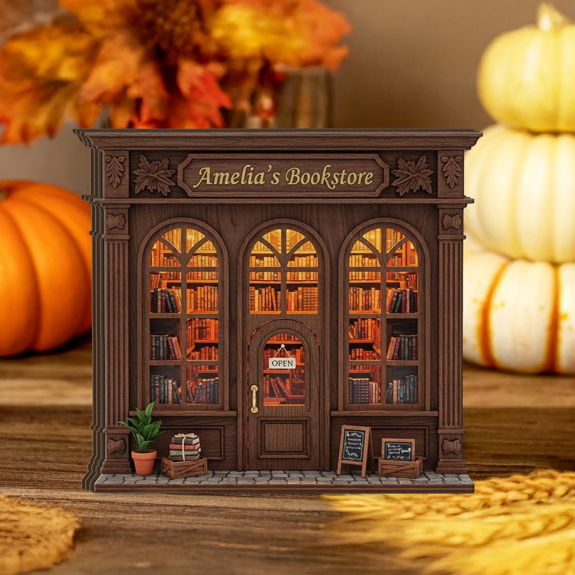Miniature Bookstore Wooden Block: Wooden Bookshop Model, Rustic Book Nook Gift