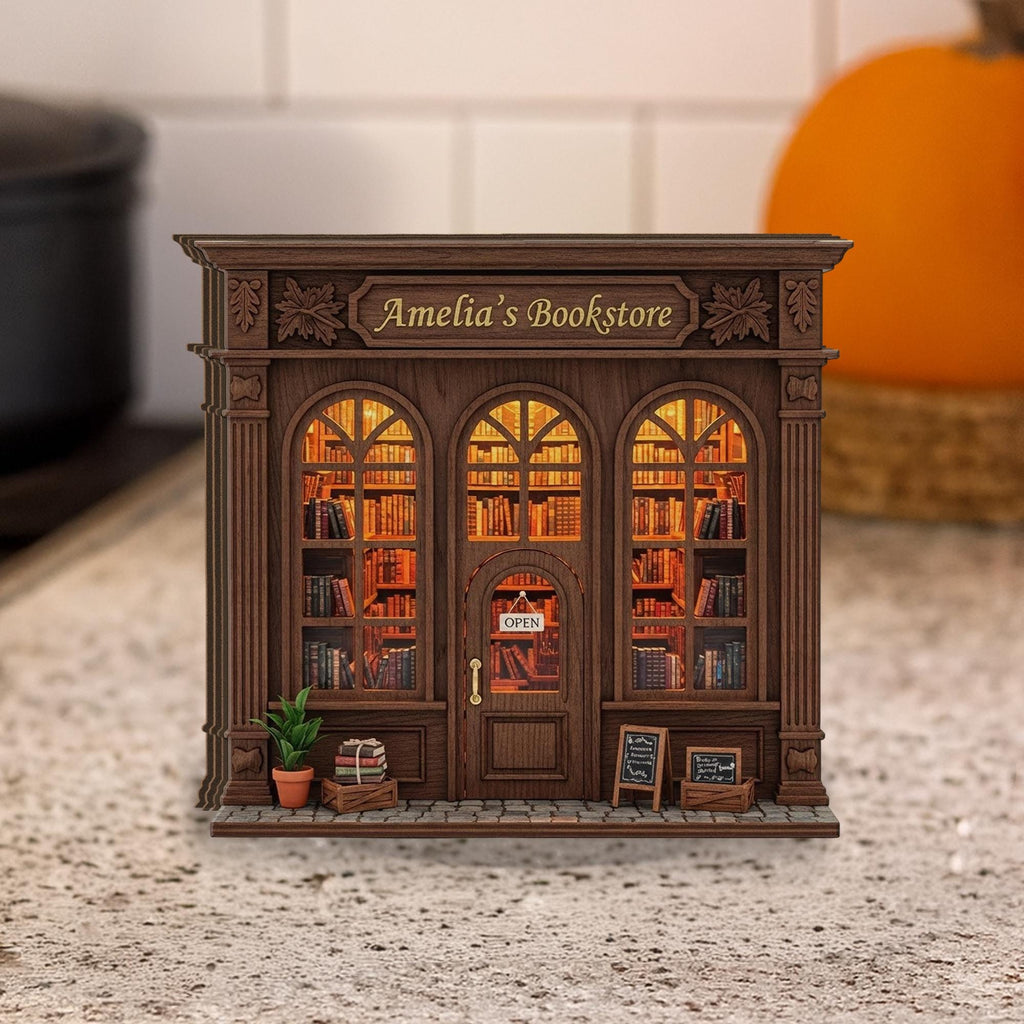 Miniature Bookstore Wooden Block: Wooden Bookshop Model, Rustic Book Nook Gift