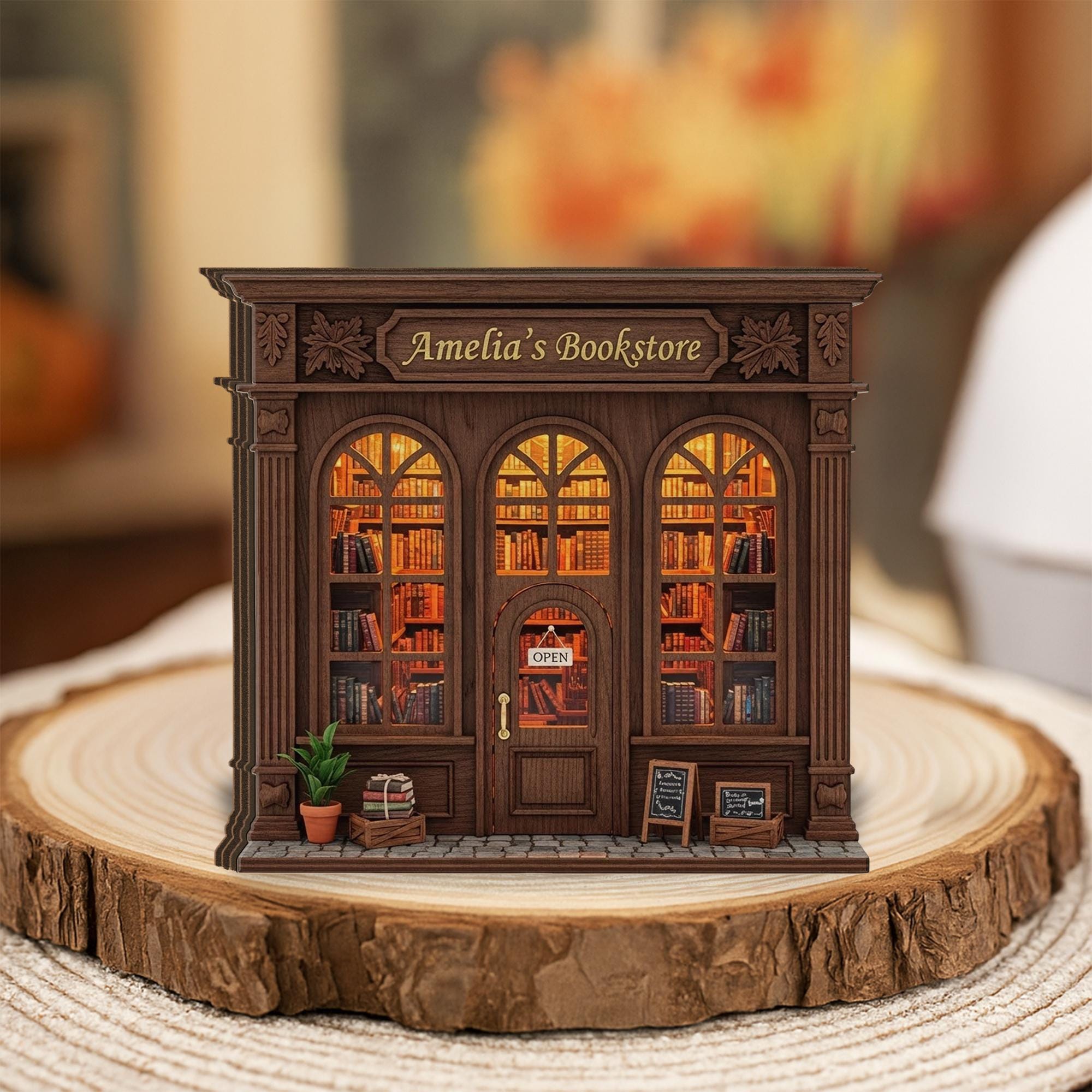 Miniature Bookstore Wooden Block: Wooden Bookshop Model, Rustic Book Nook Gift