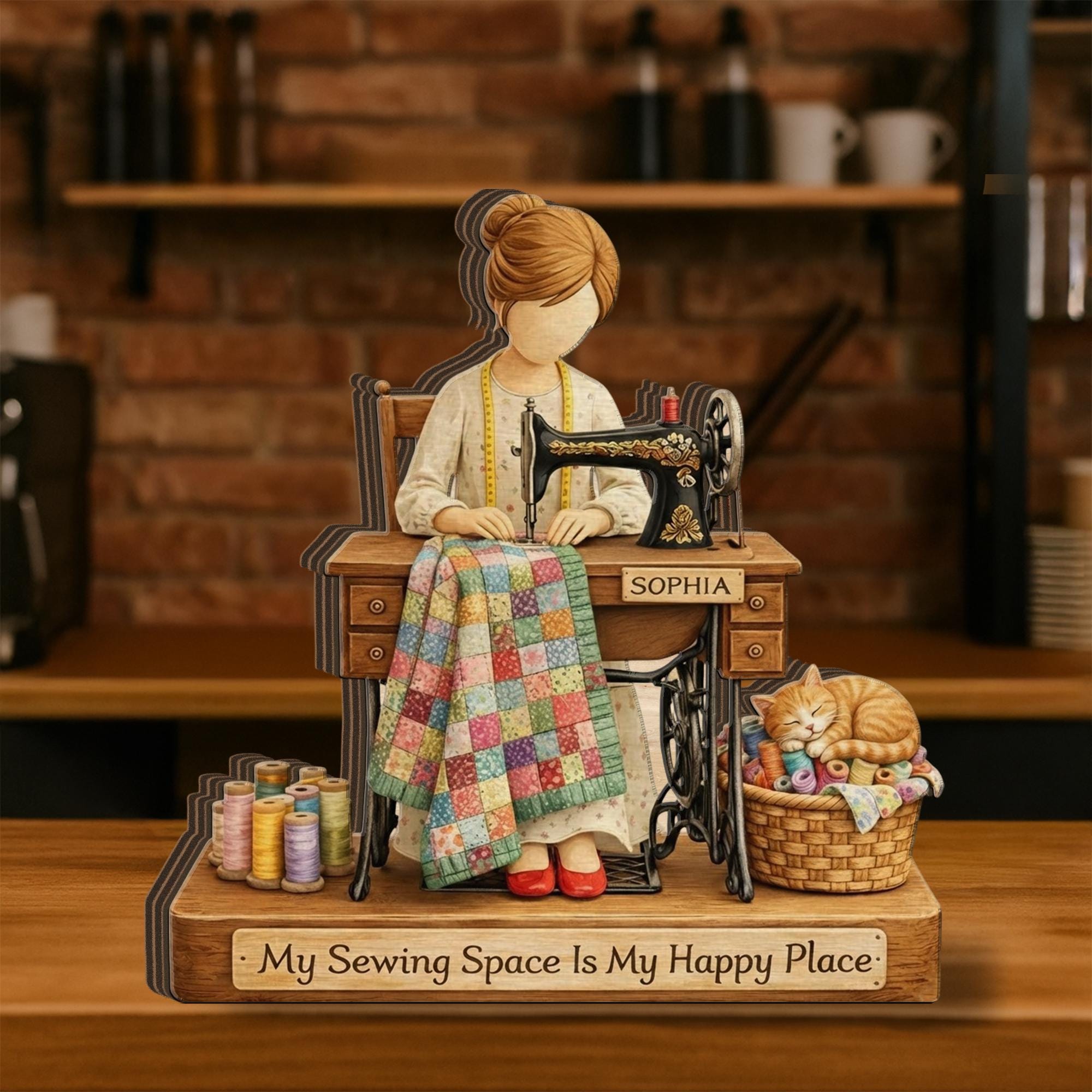 Personalized Wooden Block: Custom Sewing Machine Custom Name Quilter Cat Thread Happy Place Decor