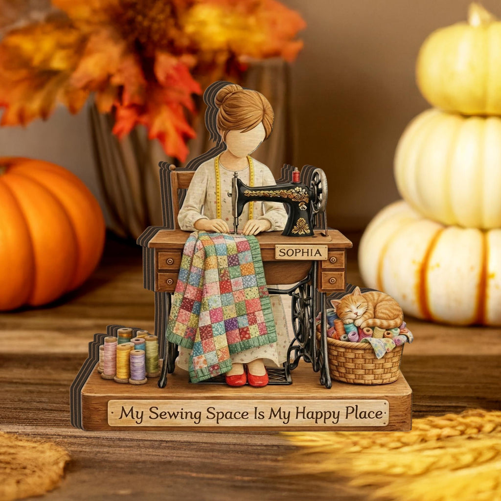 Personalized Wooden Block: Custom Sewing Machine Custom Name Quilter Cat Thread Happy Place Decor