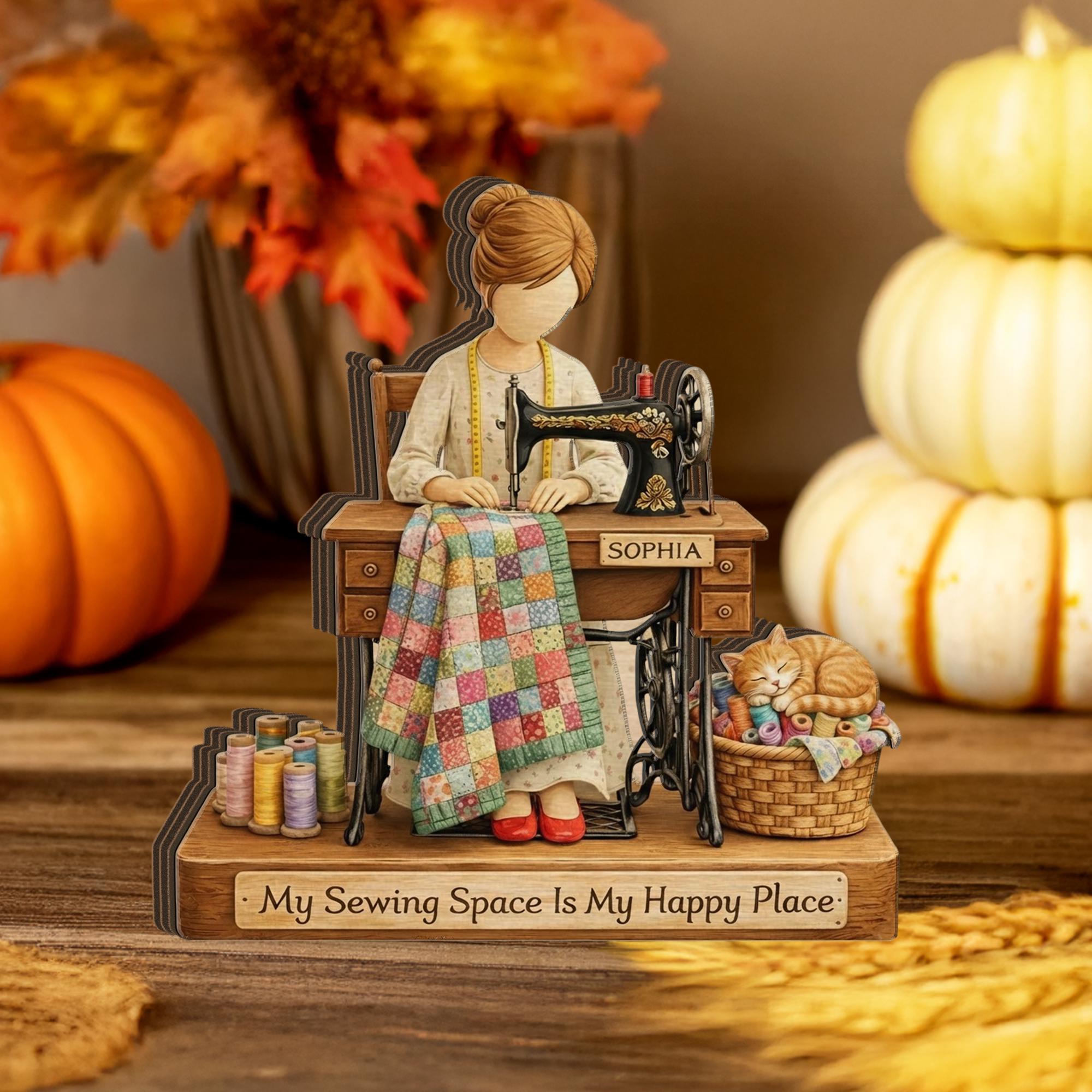 Personalized Wooden Block: Custom Sewing Machine Custom Name Quilter Cat Thread Happy Place Decor