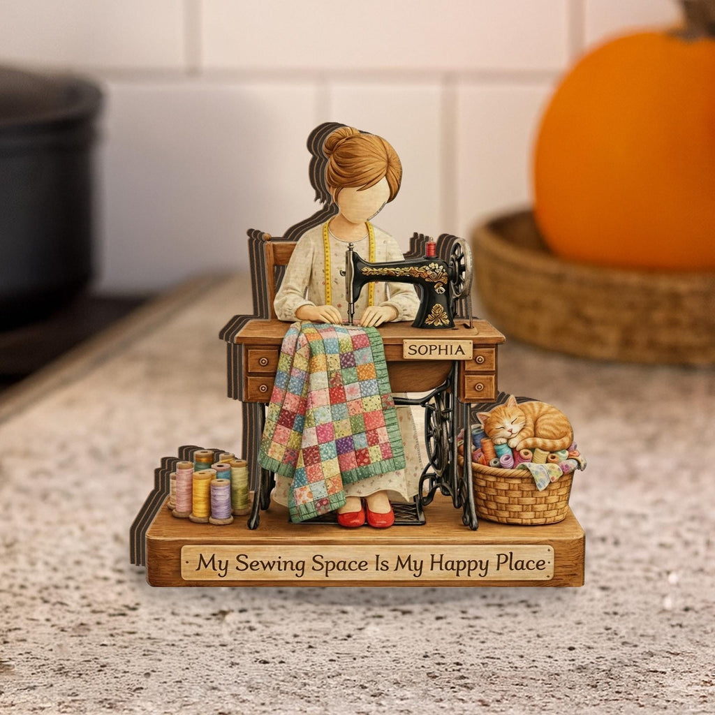 Personalized Wooden Block: Custom Sewing Machine Custom Name Quilter Cat Thread Happy Place Decor