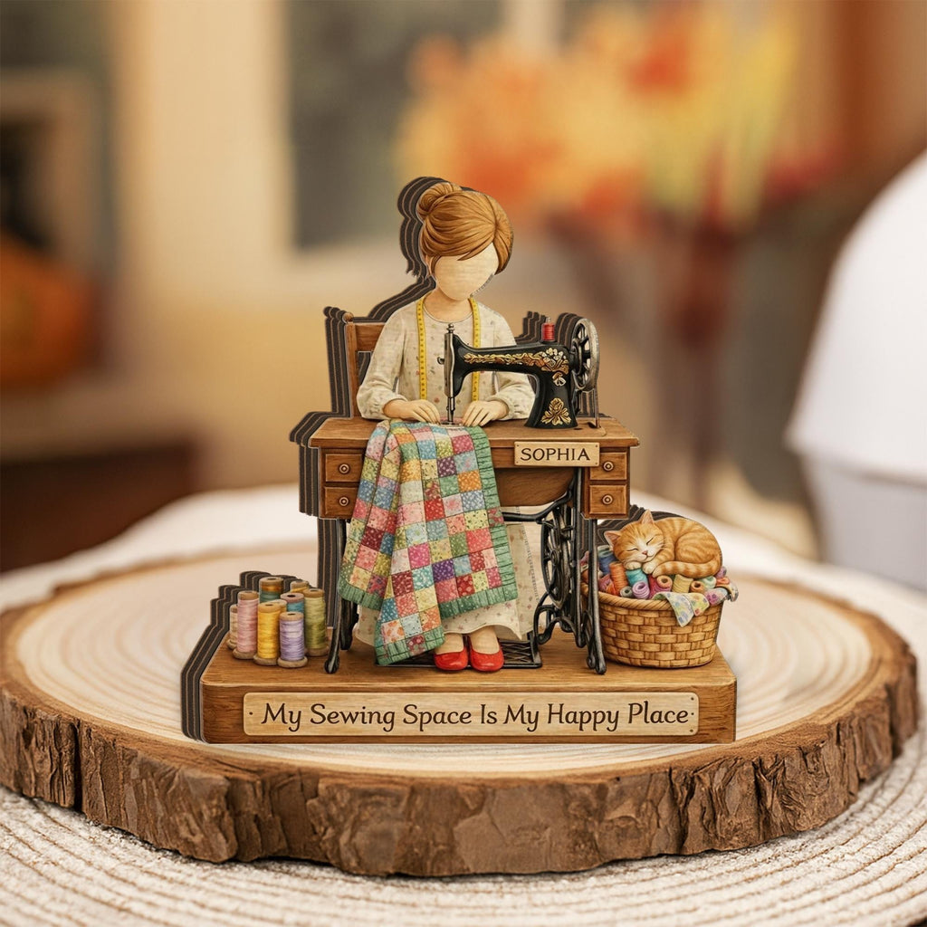 Personalized Wooden Block: Custom Sewing Machine Custom Name Quilter Cat Thread Happy Place Decor