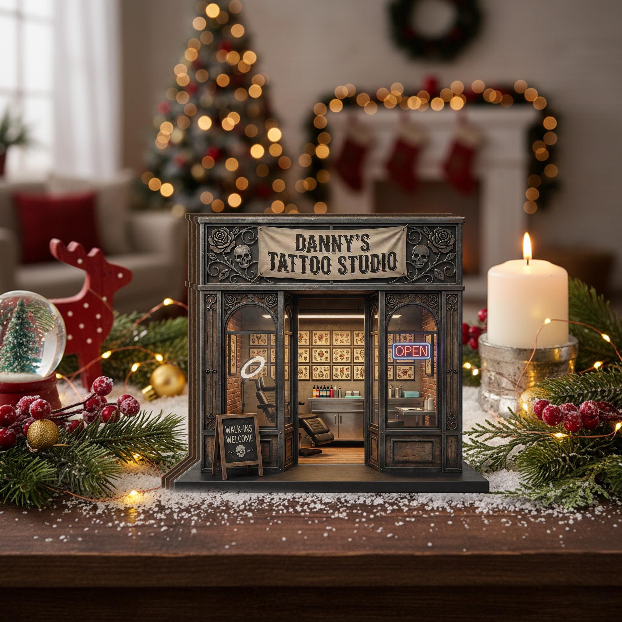 Personalized Wooden Block: Tattoo Studio Storefront Decor, Mini Shop Display