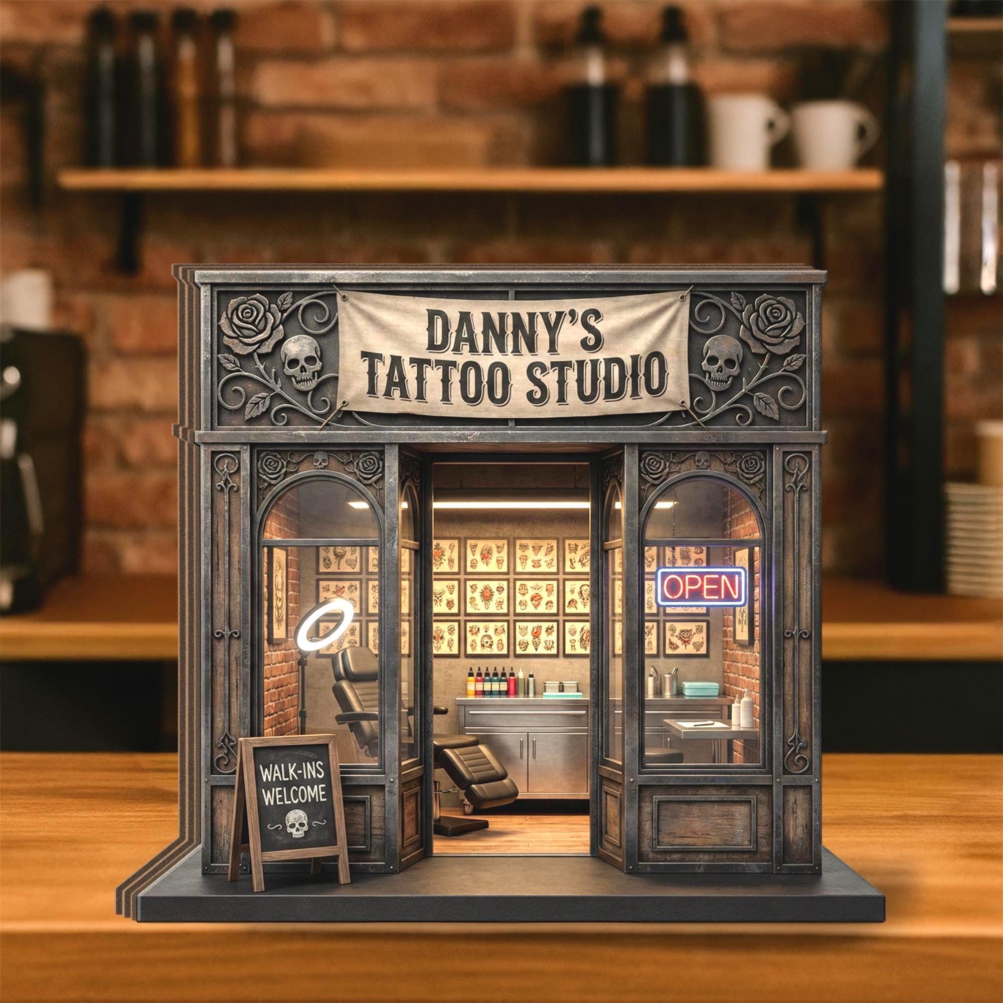 Personalized Wooden Block: Tattoo Studio Storefront Decor, Mini Shop Display