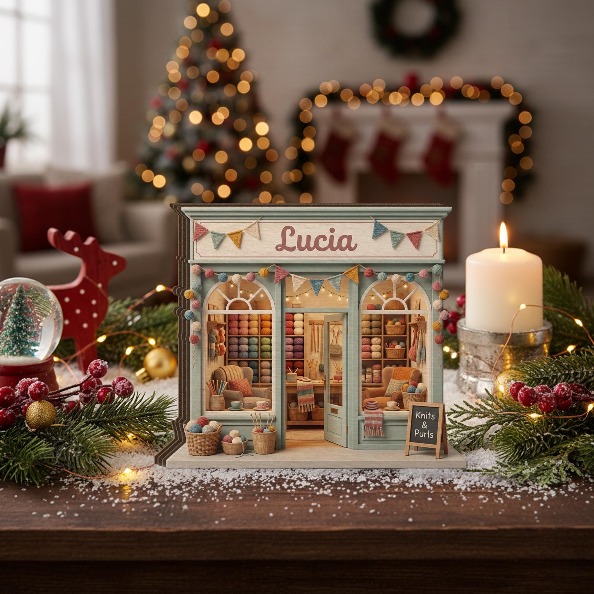 Personalized Wooden Block: Yarn Shop Storefront Decor, Knitting Studio Display