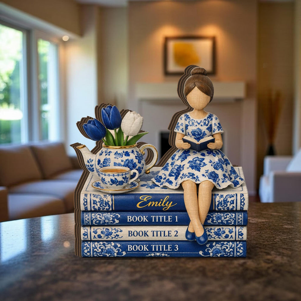 Personalized Wooden Block, Book Stack Reading Girl Figurine, Custom Book Titles