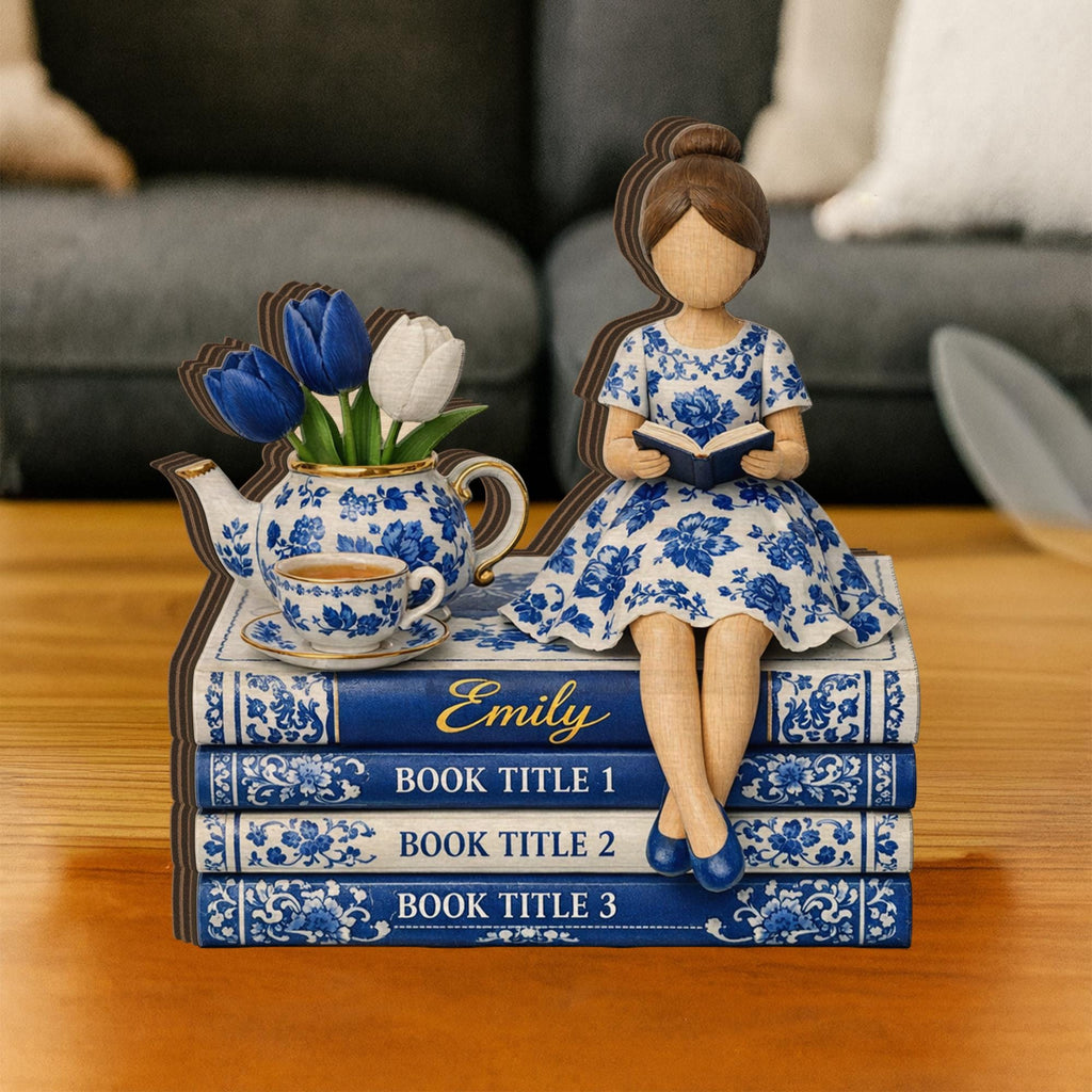 Personalized Wooden Block, Book Stack Reading Girl Figurine, Custom Book Titles