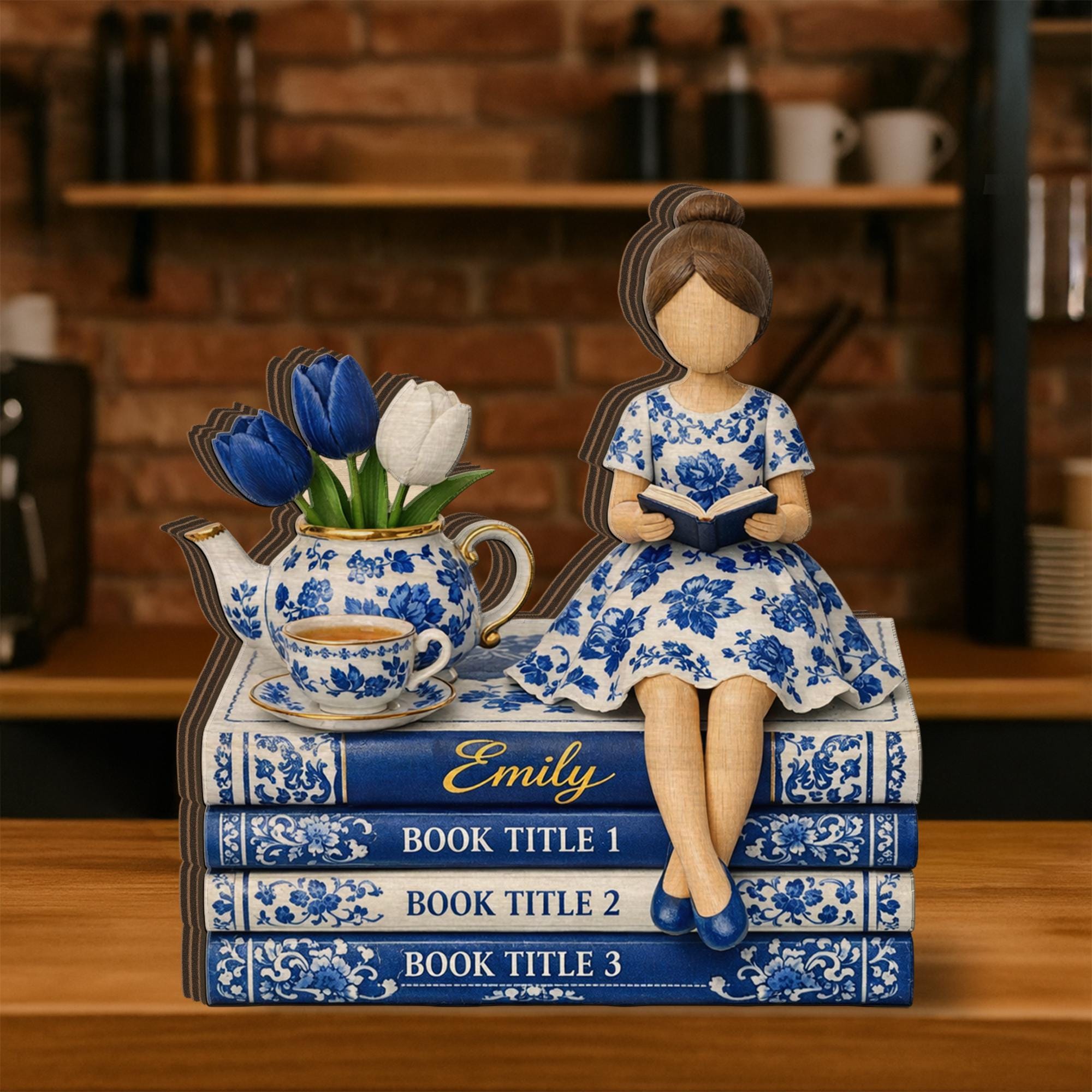 Personalized Wooden Block, Book Stack Reading Girl Figurine, Custom Book Titles