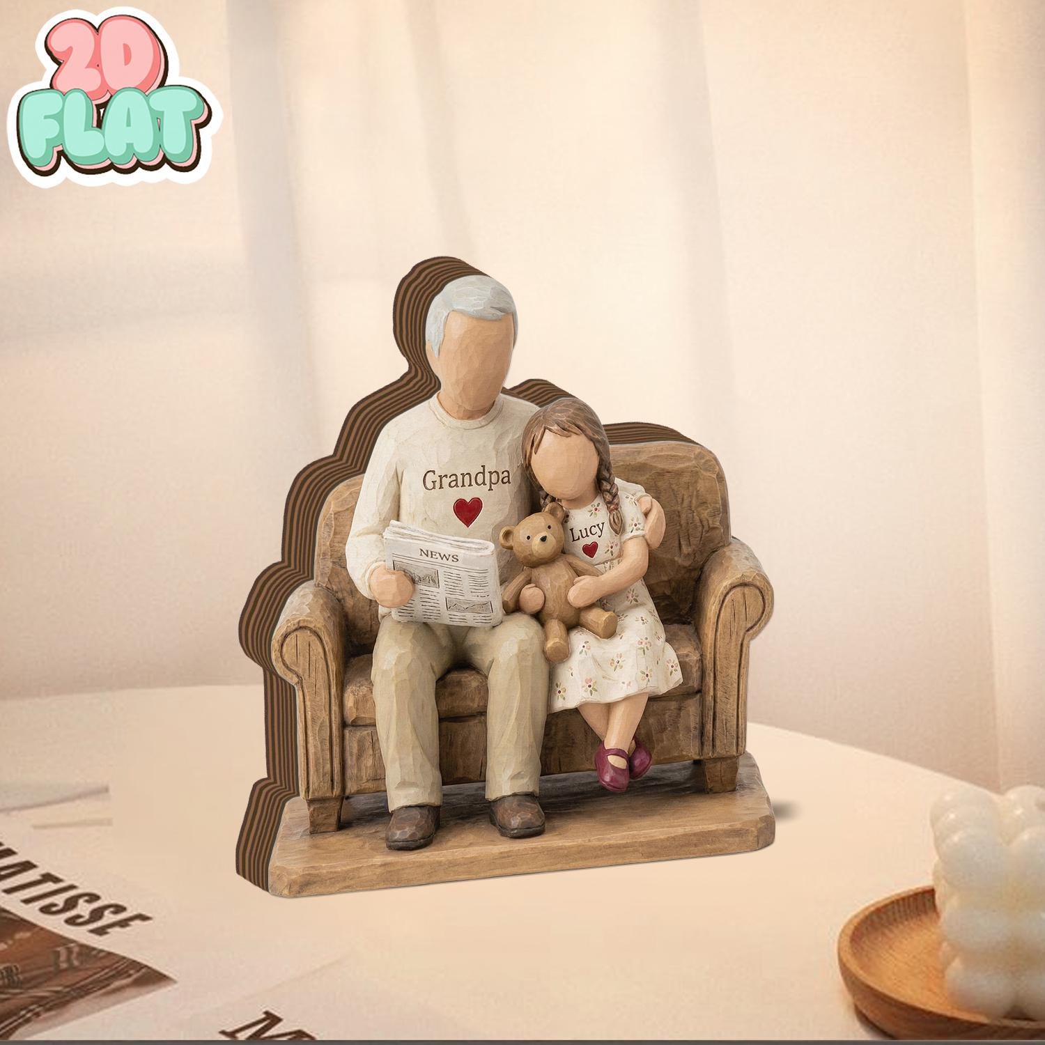 Personalized Grandpa and Grandchild 2D FLAT Wooden Block, Custom Family Keepsake Decor, Grandpa Gift with Name, Father’s Day Shelf Sign