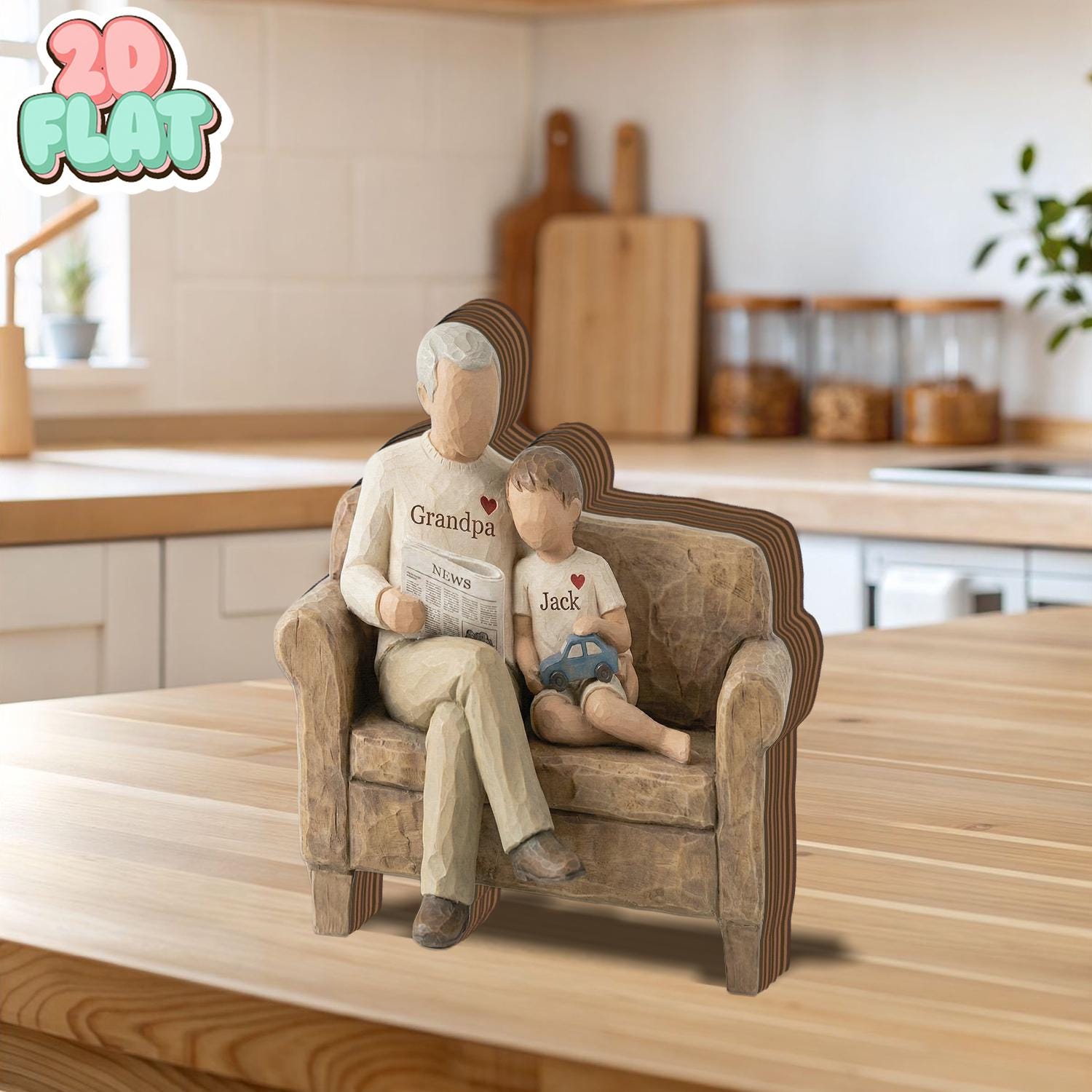Personalized Grandpa and Grandchild 2D FLAT Wooden Block, Custom Family Keepsake Decor, Grandpa Gift with Name, Father’s Day Shelf Sign