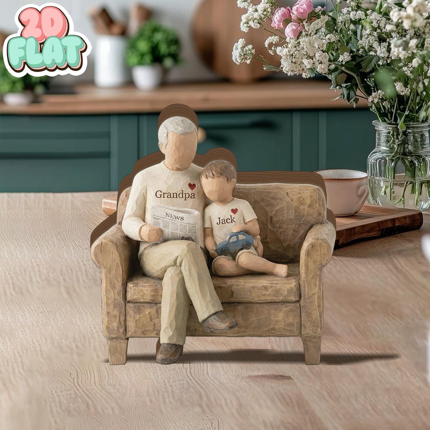 Personalized Grandpa and Grandchild 2D FLAT Wooden Block, Custom Family Keepsake Decor, Grandpa Gift with Name, Father’s Day Shelf Sign