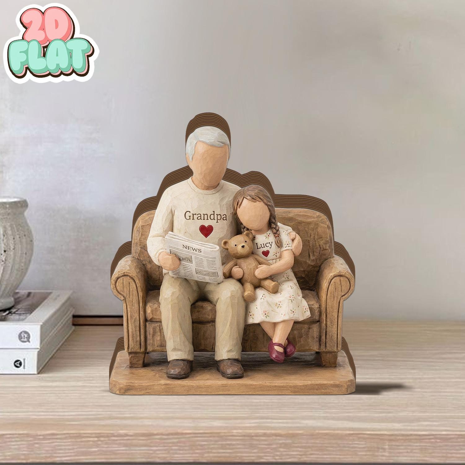 Personalized Grandpa and Grandchild 2D FLAT Wooden Block, Custom Family Keepsake Decor, Grandpa Gift with Name, Father’s Day Shelf Sign