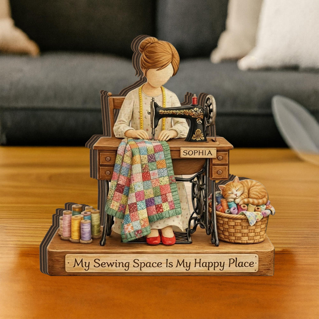 Personalized Wooden Block: Custom Sewing Machine Custom Name Quilter Cat Thread Happy Place Decor
