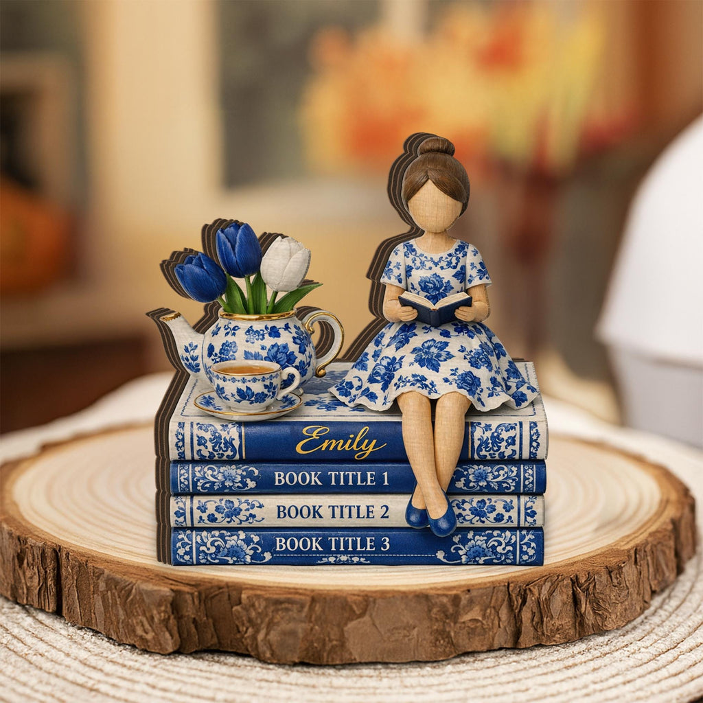 Personalized Wooden Block, Book Stack Reading Girl Figurine, Custom Book Titles