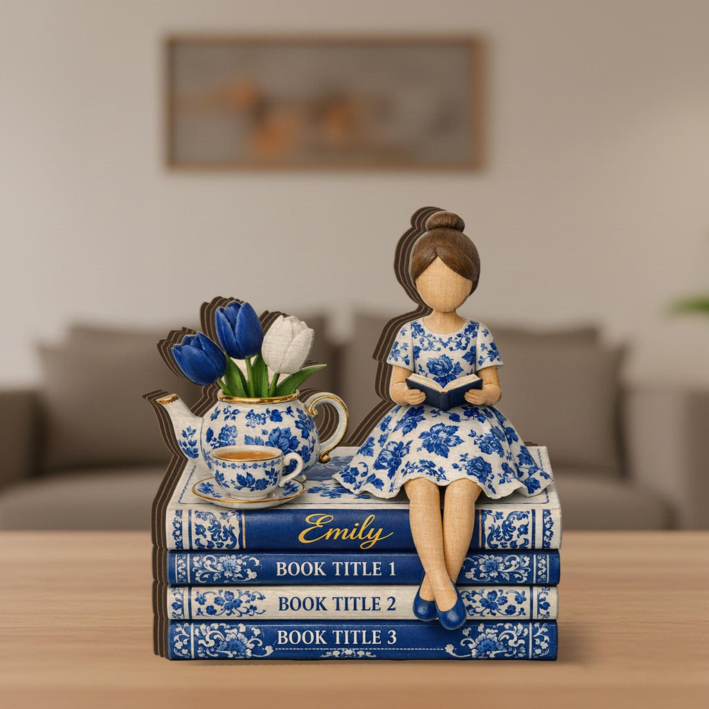 Personalized Wooden Block, Book Stack Reading Girl Figurine, Custom Book Titles