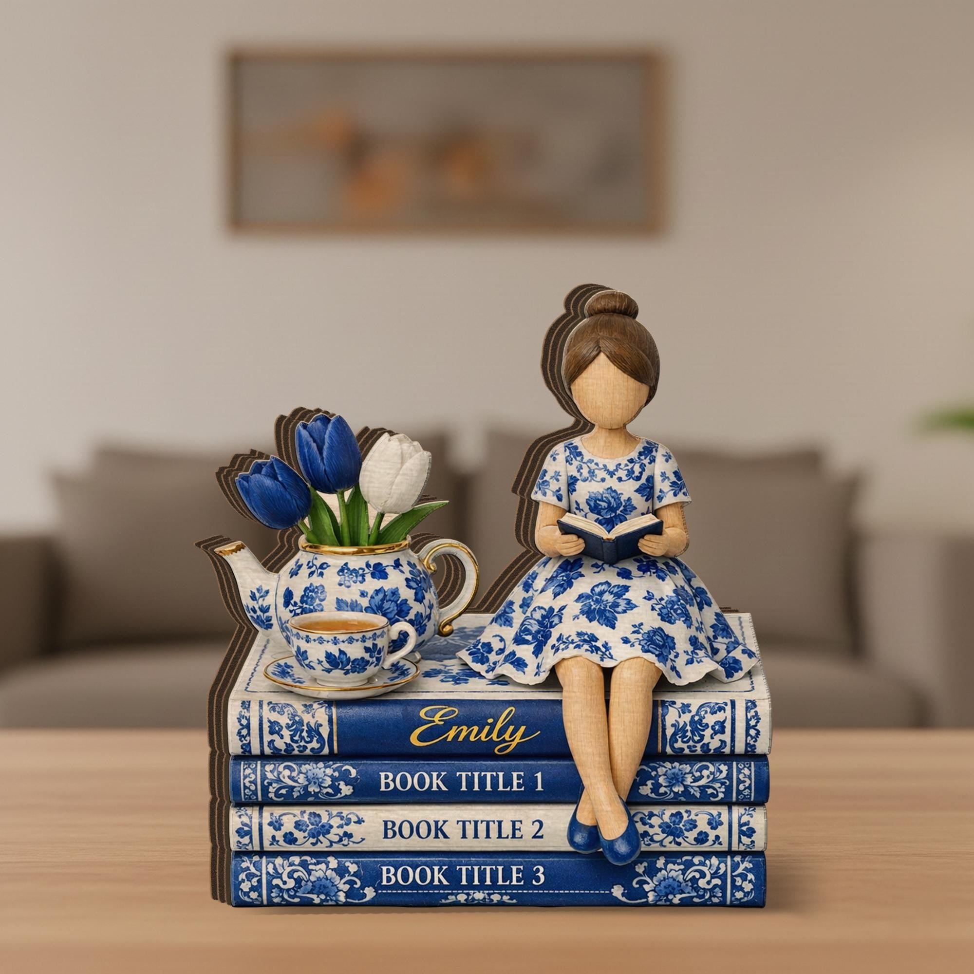 Personalized Wooden Block, Book Stack Reading Girl Figurine, Custom Book Titles