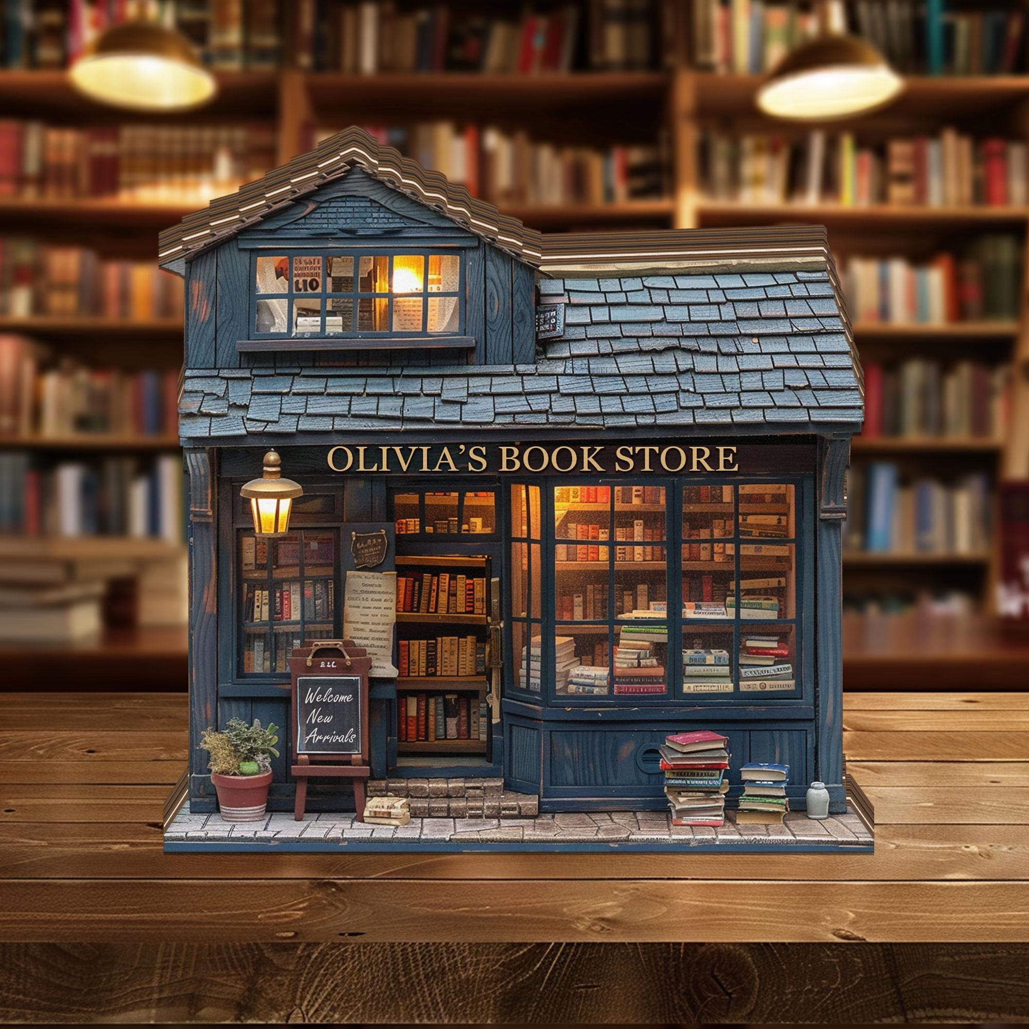 Personalized Bookshop Wooden Block, Custom Bookstore Shelf Sitter, Reading Nook Decor