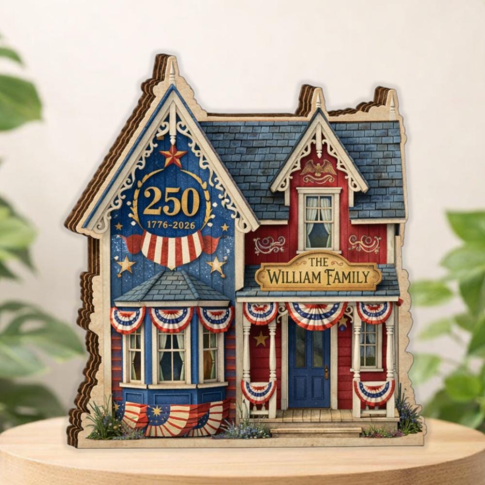 Personalized House Wooden Block America 250th Anniversary Decor 1776 2026 Wooden Block Patriotic Flag Personalized Family Name House Sign