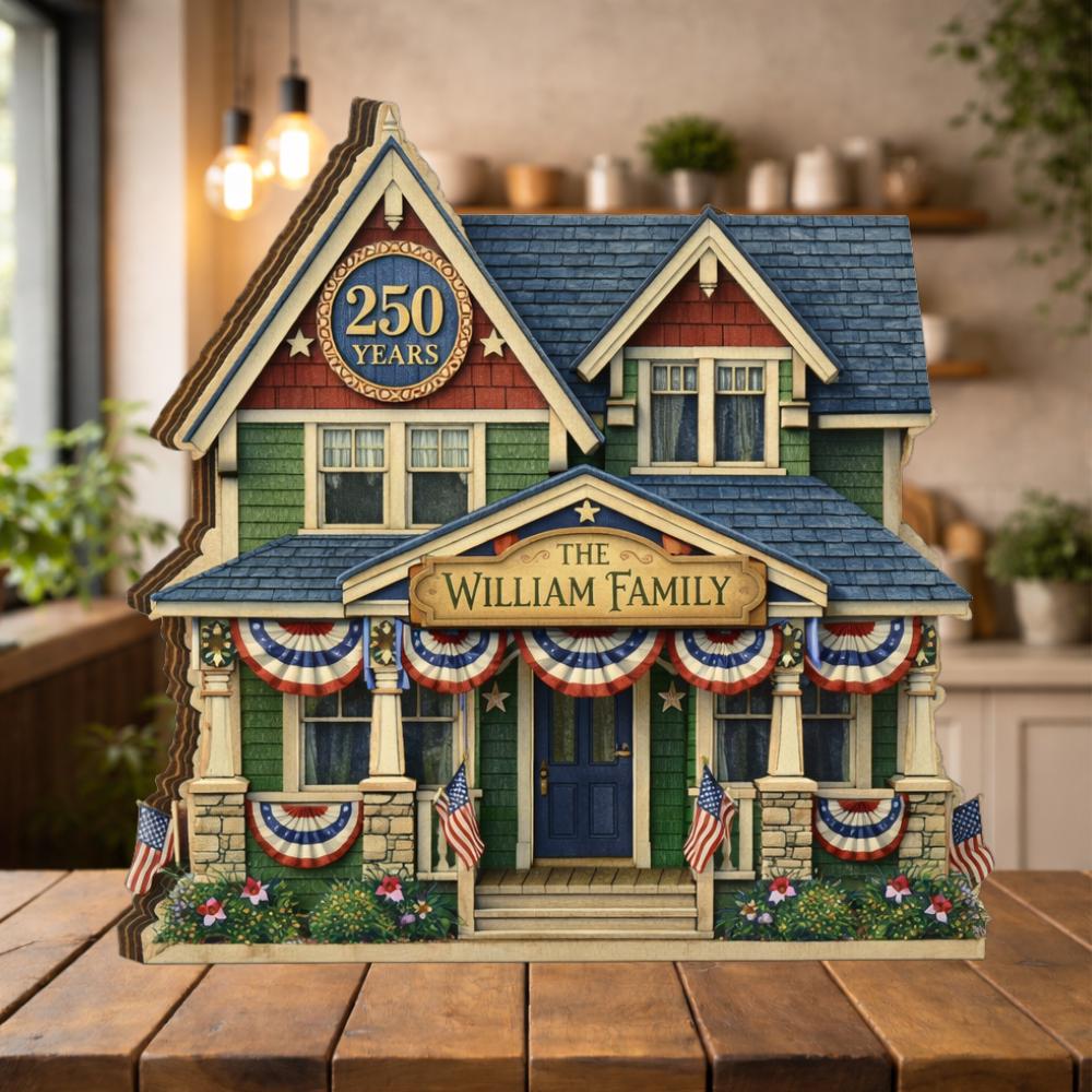 America 250th Anniversary Decor Personalized House Wooden Block 1776 2026 Wooden Block Patriotic Flag Personalized Family Name House Sign