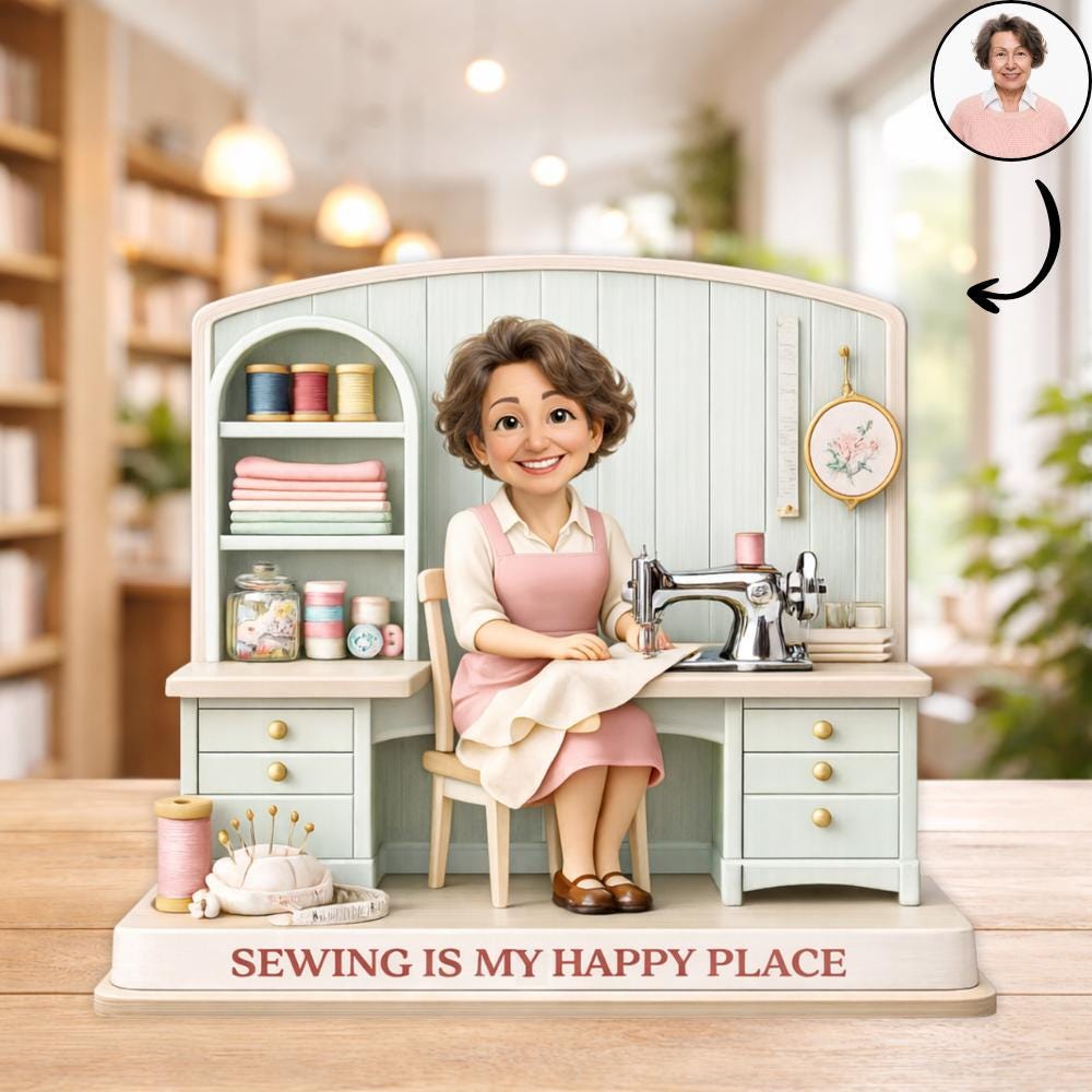 Personalized Wooden Block Figurine Sewing Gift Block Sign Photo Gift Mother's Day Gift Wood Plaque Custom Caricature Portrait Desk Decor