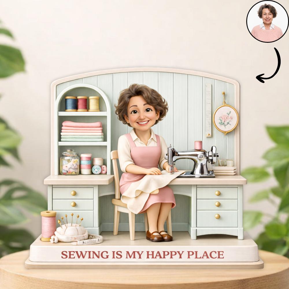 Personalized Wooden Block Figurine Sewing Gift Block Sign Photo Gift Mother's Day Gift Wood Plaque Custom Caricature Portrait Desk Decor