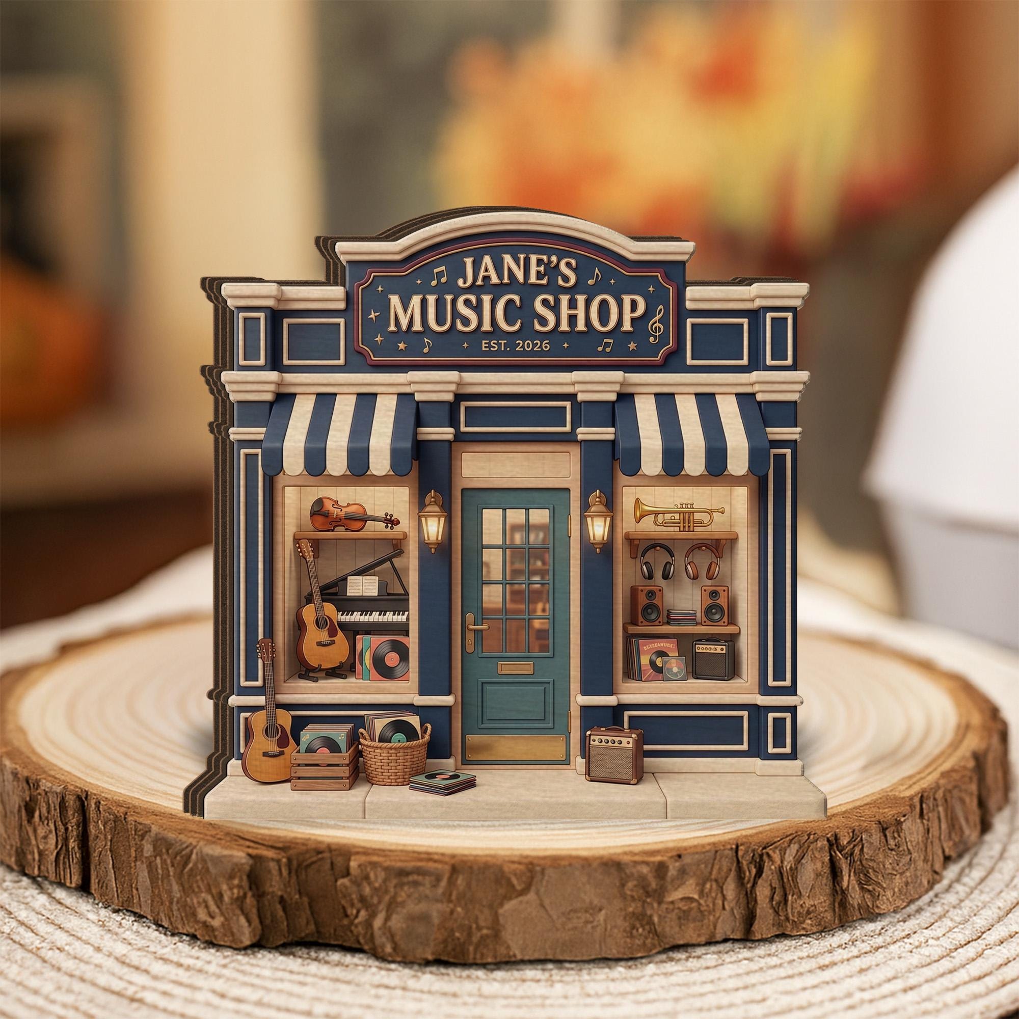 Personalized Wooden Block, Music Shop Storefront Decor With Instruments And Records