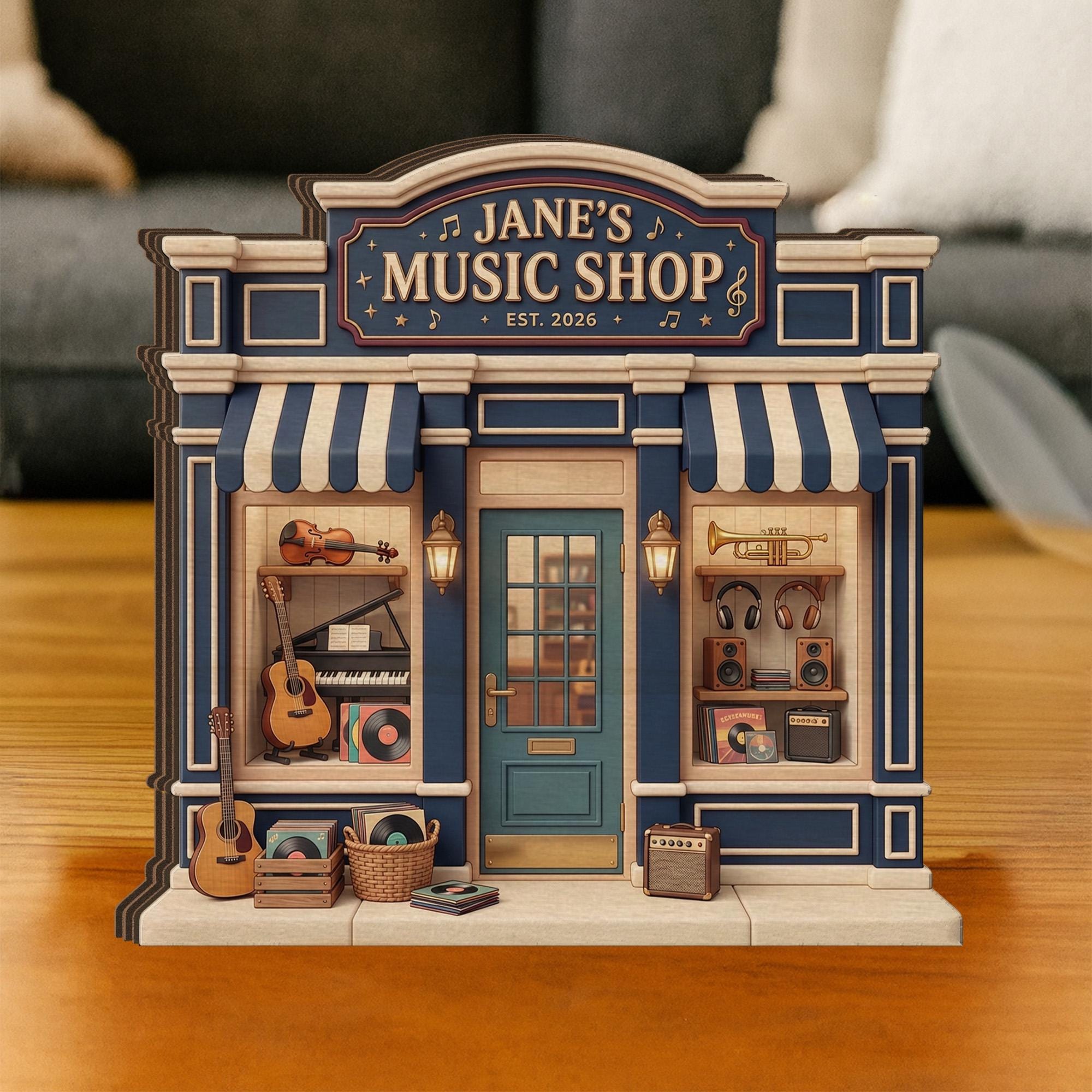 Personalized Wooden Block, Music Shop Storefront Decor With Instruments And Records