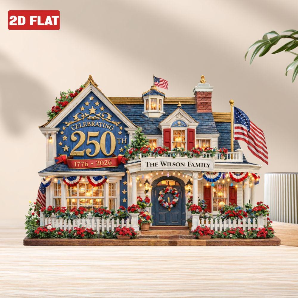 Personalized House Wooden Block America 250th Anniversary Decor 1776 2026 Patriotic Flag Plaque 2D FLAT, House Sign Tabletop Decor, 4th July