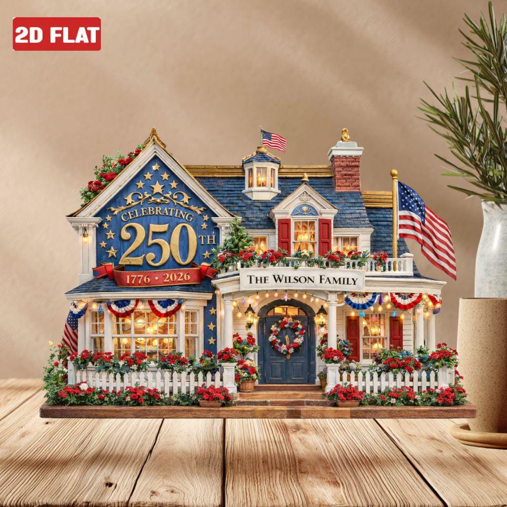 Personalized House Wooden Block America 250th Anniversary Decor 1776 2026 Patriotic Flag Plaque 2D FLAT, House Sign Tabletop Decor, 4th July