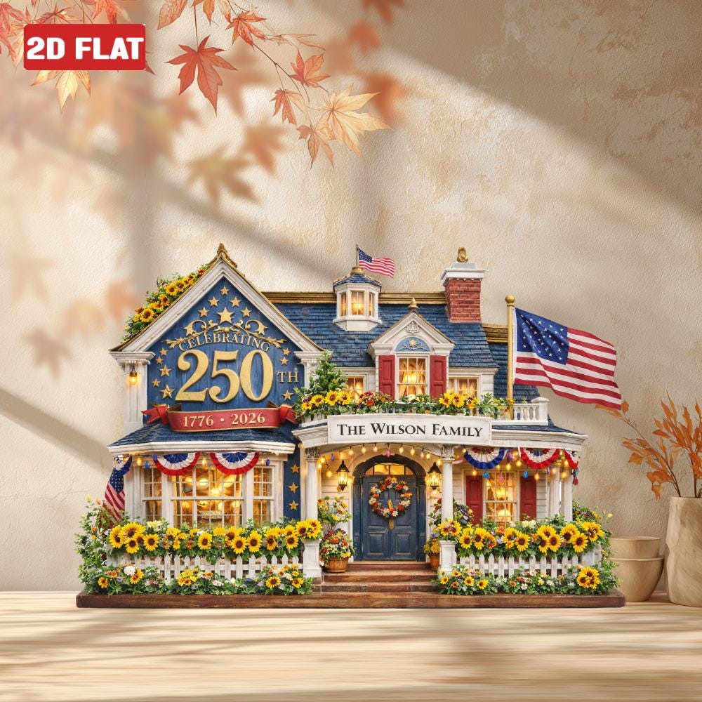 Personalized House Wooden Block America 250th Anniversary Decor 1776 2026 Patriotic Flag Plaque 2D FLAT, House Sign Tabletop Decor, 4th July