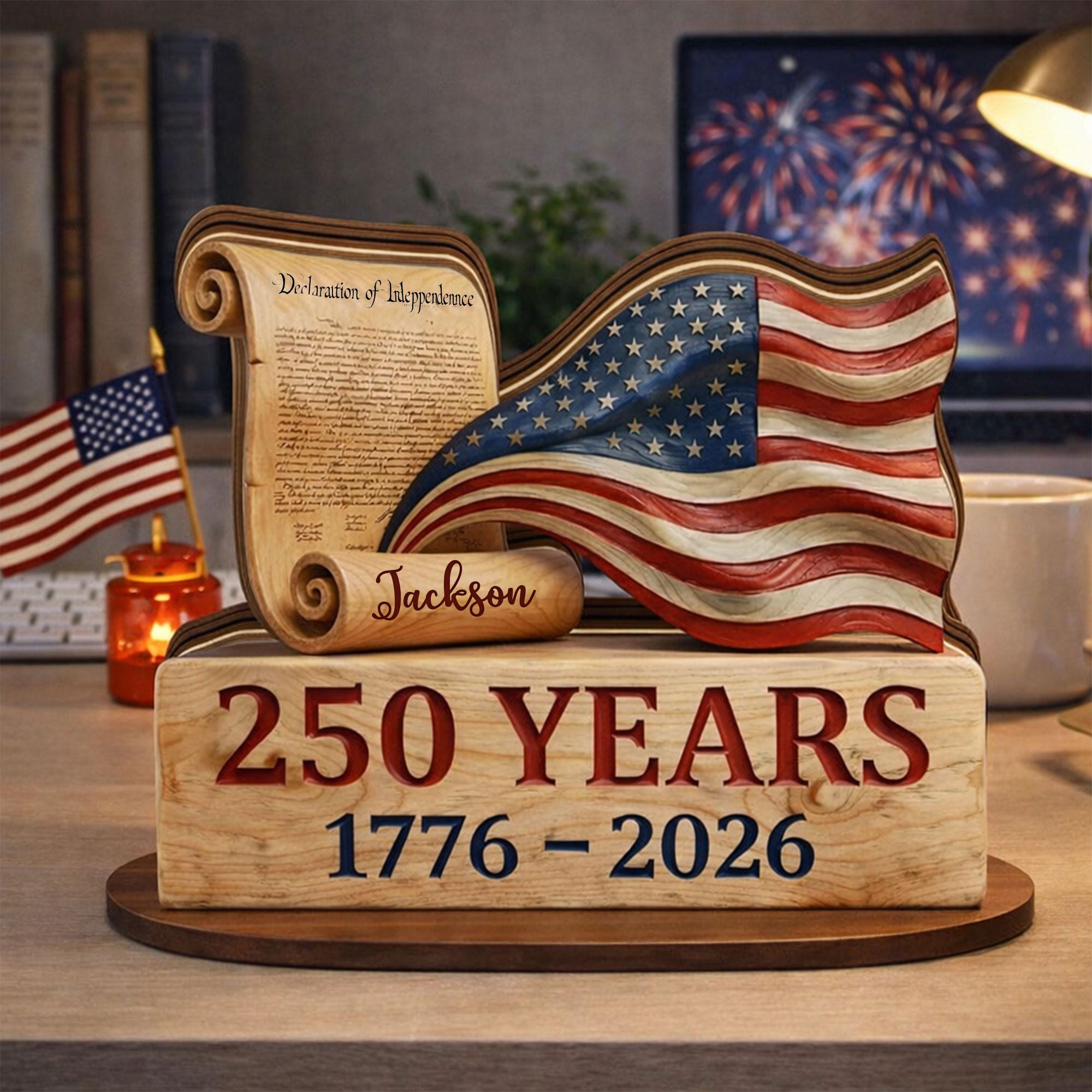 Personalized America 250th Anniversary Wooden Block, Custom Name Sign, 1776-2026 Wooden Block, Patriotic USA Flag Decor, Independence Gift