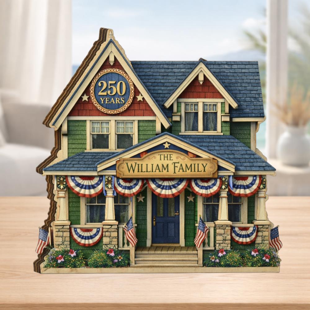 America 250th Anniversary Decor Personalized House Wooden Block 1776 2026 Wooden Block Patriotic Flag Personalized Family Name House Sign