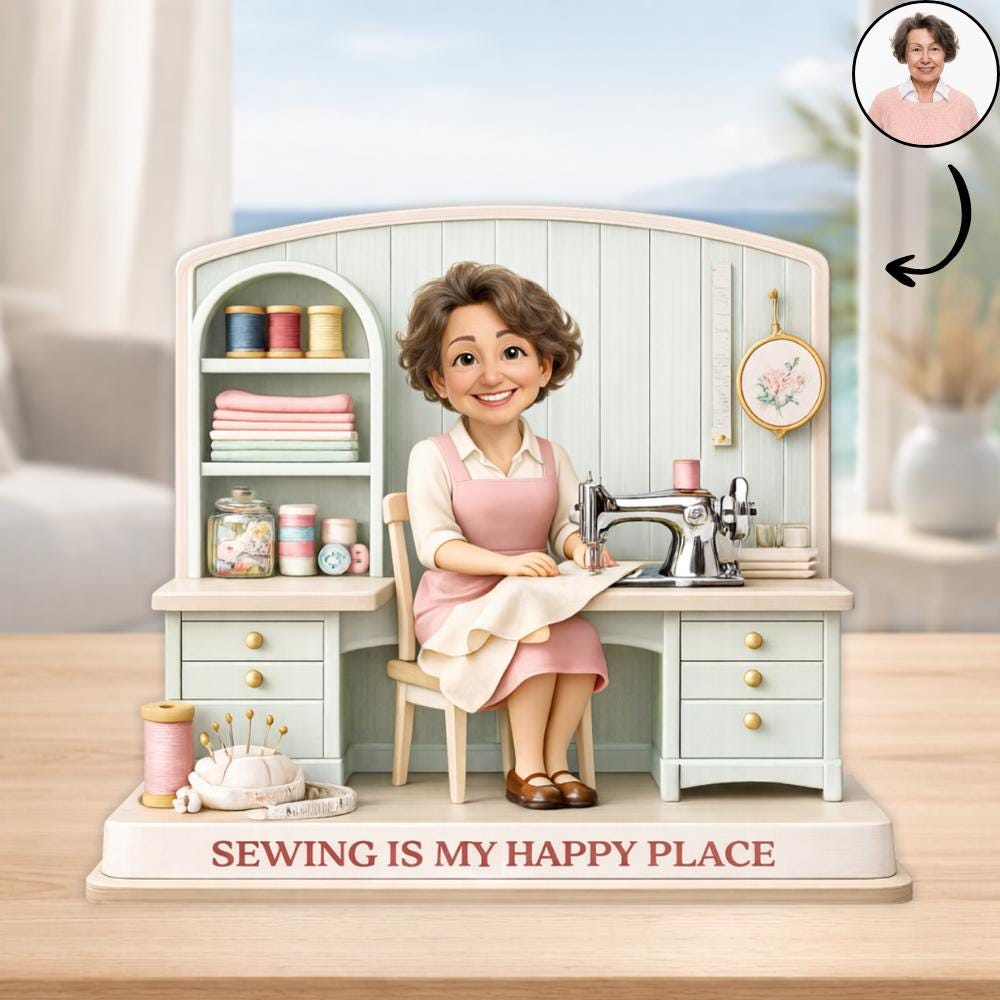 Personalized Wooden Block Figurine Sewing Gift Block Sign Photo Gift Mother's Day Gift Wood Plaque Custom Caricature Portrait Desk Decor