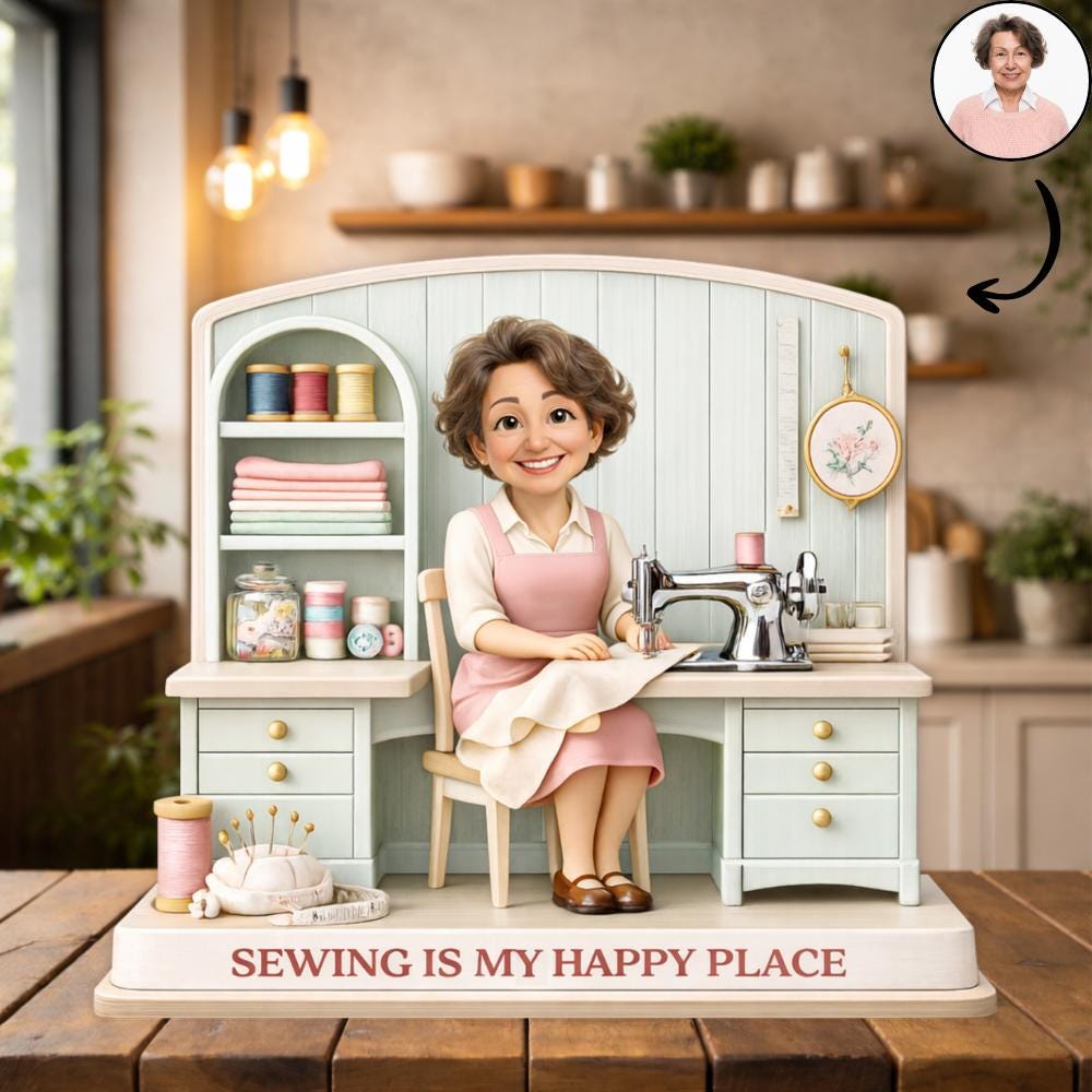 Personalized Wooden Block Figurine Sewing Gift Block Sign Photo Gift Mother's Day Gift Wood Plaque Custom Caricature Portrait Desk Decor
