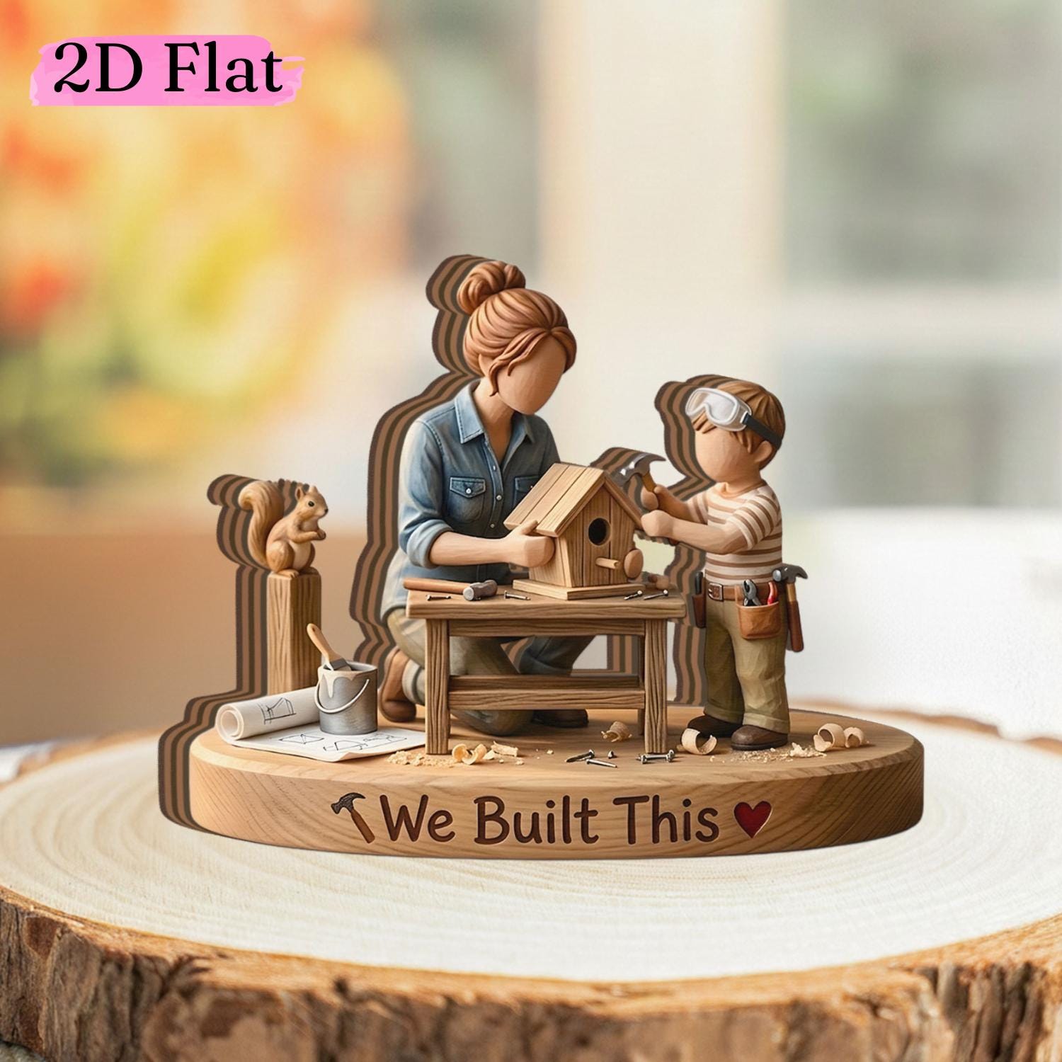 Handcrafted Wood Block Mother Son Woodworking Decor, Unique Faceless Figurine Sculpture for Mom, New Home Housewarming Gift from Son to Mom
