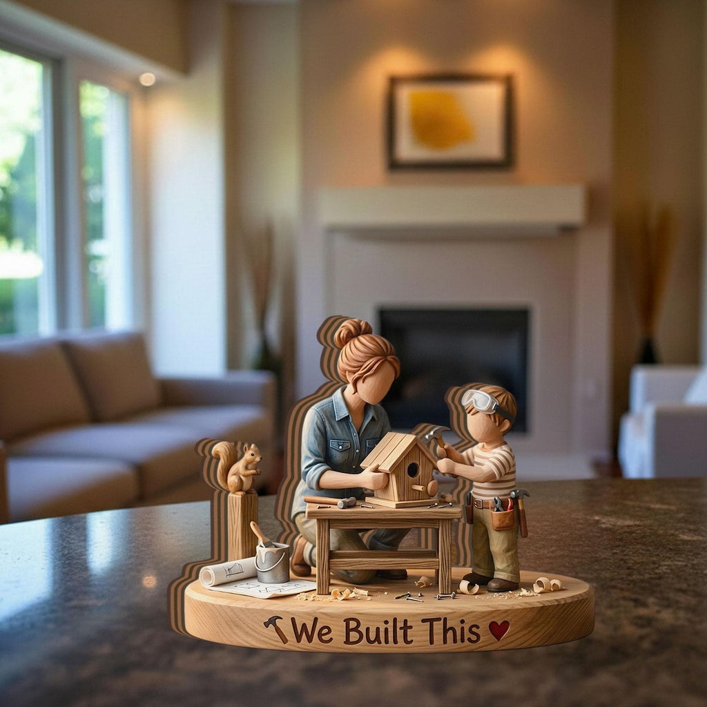 Handcrafted Wood Block Mother Son Woodworking Decor, Unique Faceless Figurine Sculpture for Mom, New Home Housewarming Gift from Son to Mom