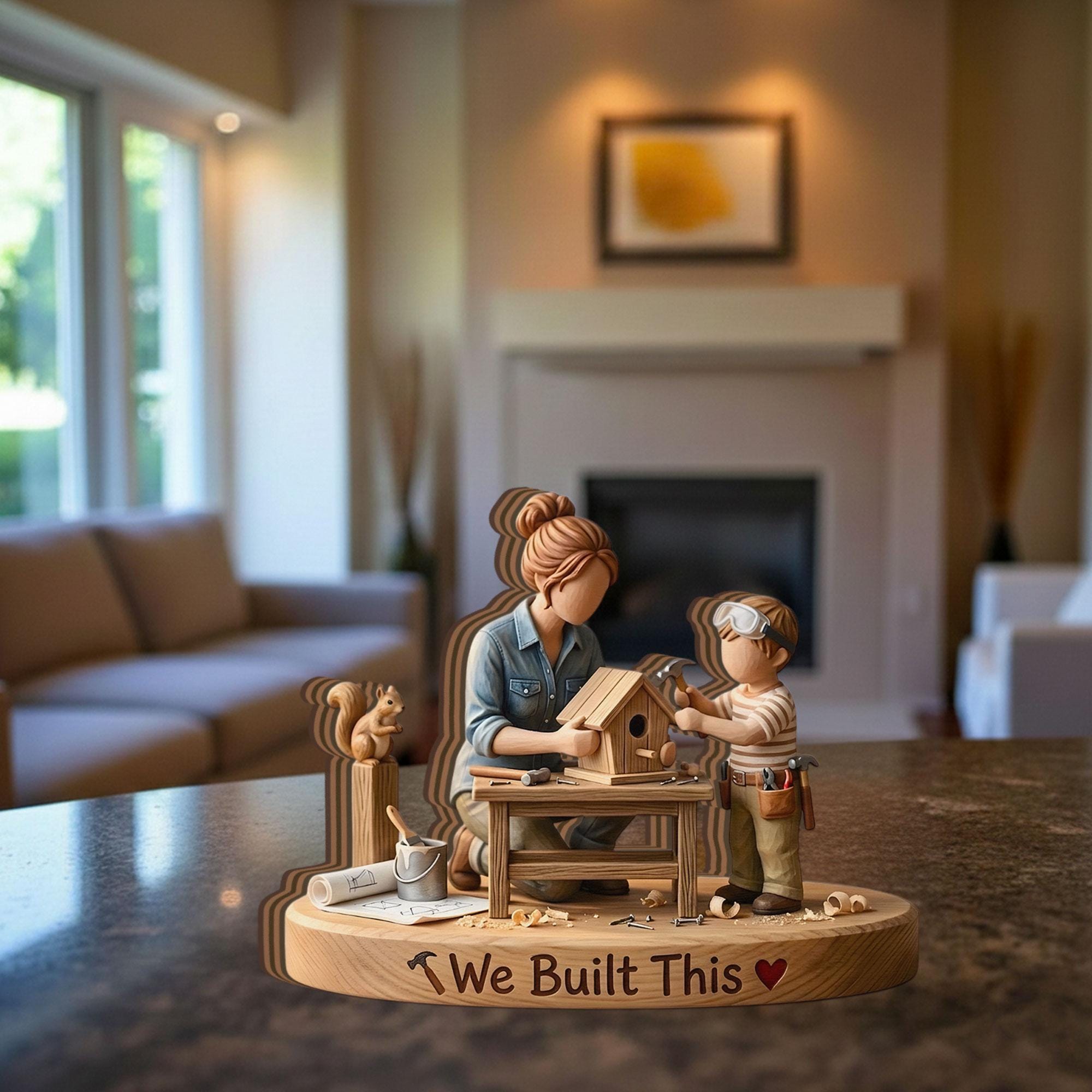 Handcrafted Wood Block Mother Son Woodworking Decor, Unique Faceless Figurine Sculpture for Mom, New Home Housewarming Gift from Son to Mom