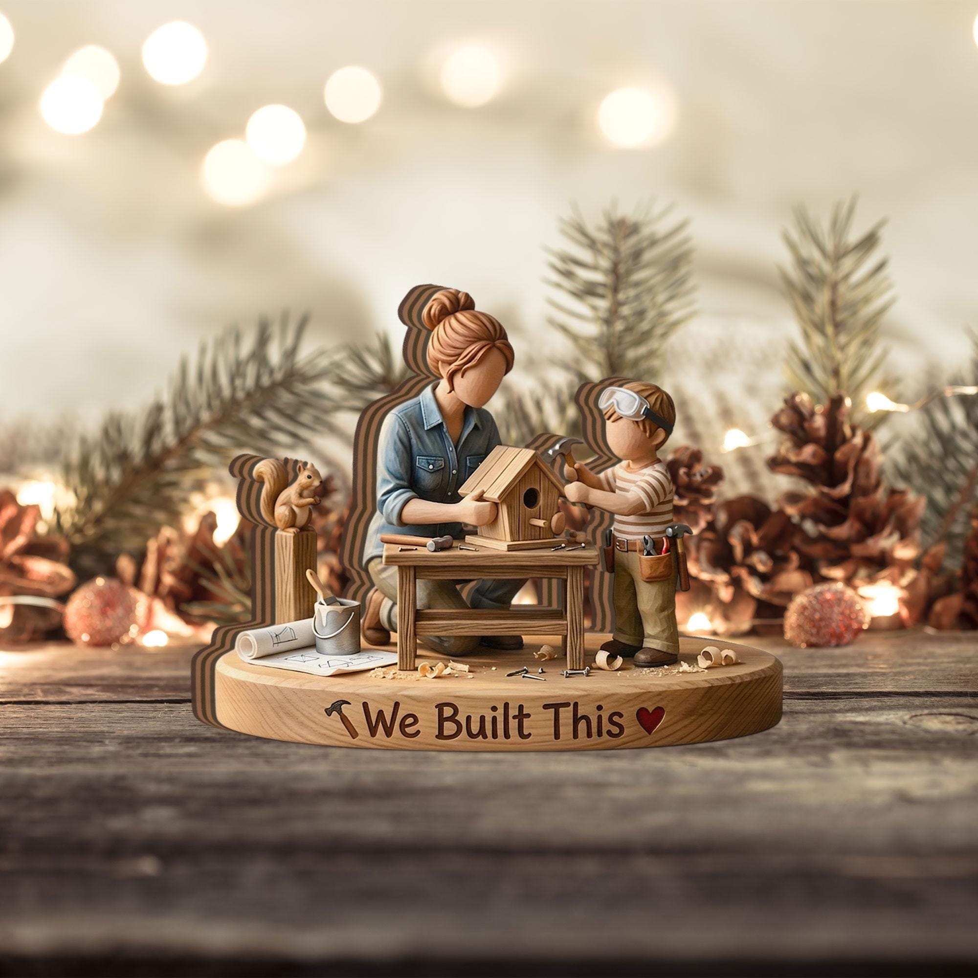Handcrafted Wood Block Mother Son Woodworking Decor, Unique Faceless Figurine Sculpture for Mom, New Home Housewarming Gift from Son to Mom