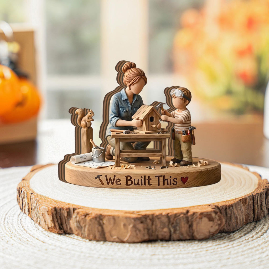Handcrafted Wood Block Mother Son Woodworking Decor, Unique Faceless Figurine Sculpture for Mom, New Home Housewarming Gift from Son to Mom