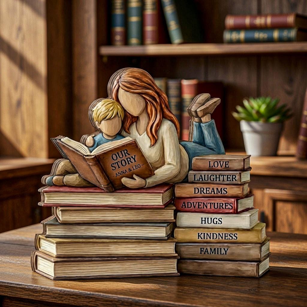 Personalized Mother and Son Wooden Block, Custom Mom Reading to Boy, Book Lover Gift for Mom, Nursery Decor, Mother Day Keepsake