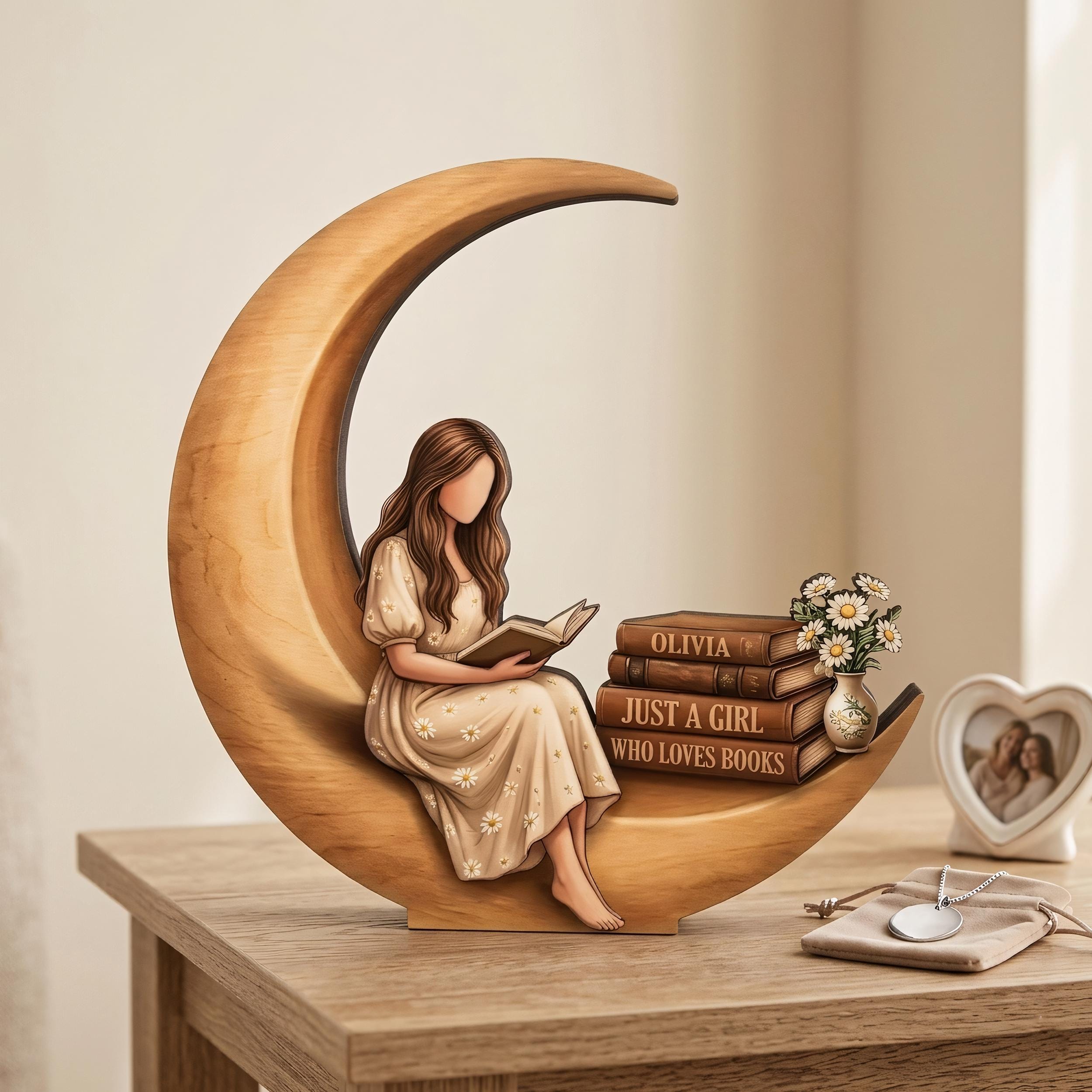 Personalized Girl Who Loves Books Wooden Block Decor, Reading Girl Sign, Book Lover Gift, Cozy Library Table Display, Crescent Moon Detail