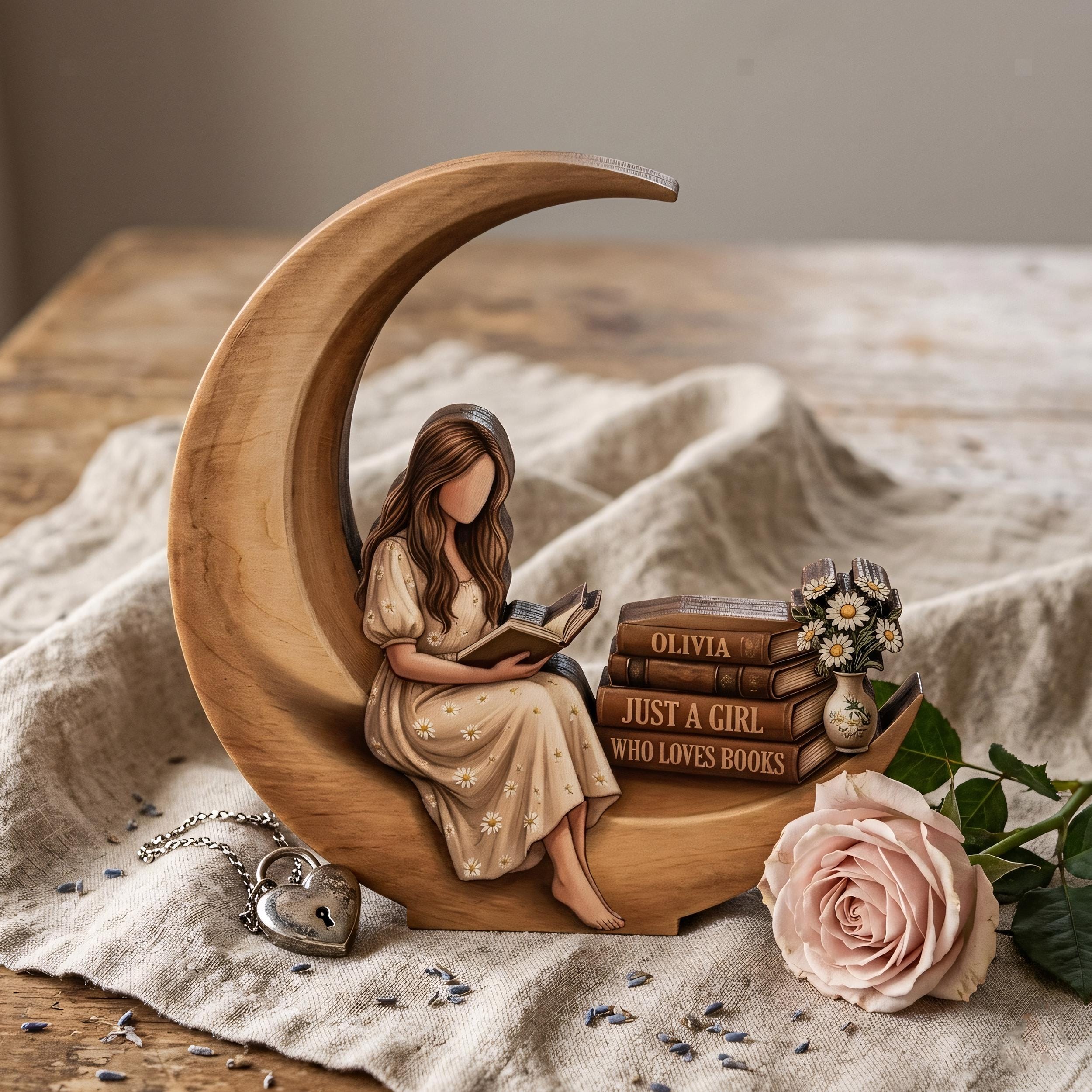 Personalized Girl Who Loves Books Wooden Block Decor, Reading Girl Sign, Book Lover Gift, Cozy Library Table Display, Crescent Moon Detail